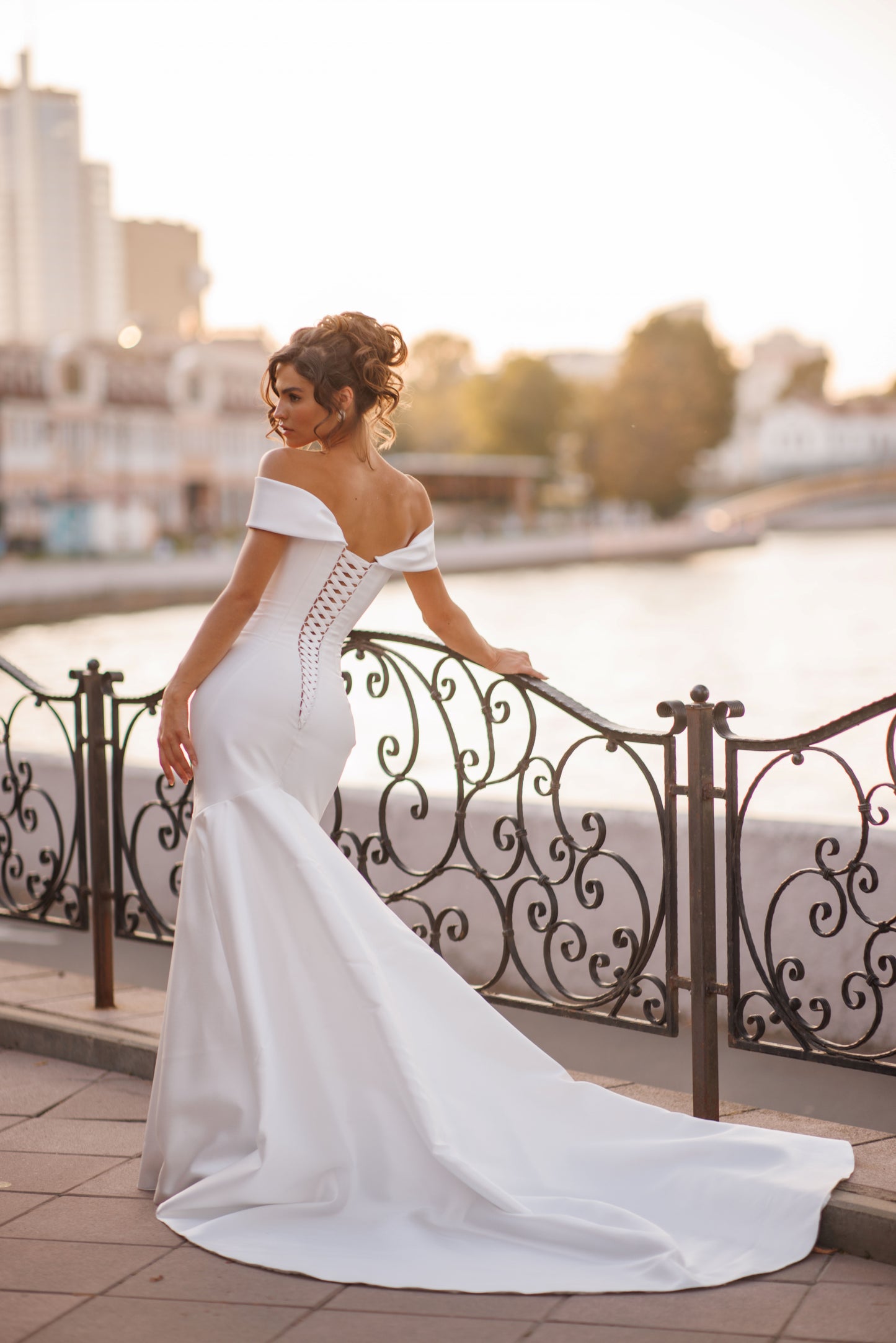 Mikado A-line off-the-shoulder wedding dress with long sleeves