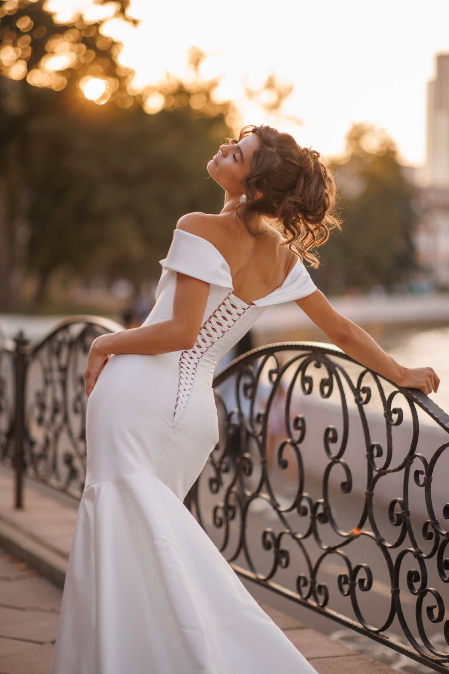 Mikado A-line off-the-shoulder wedding dress with long sleeves