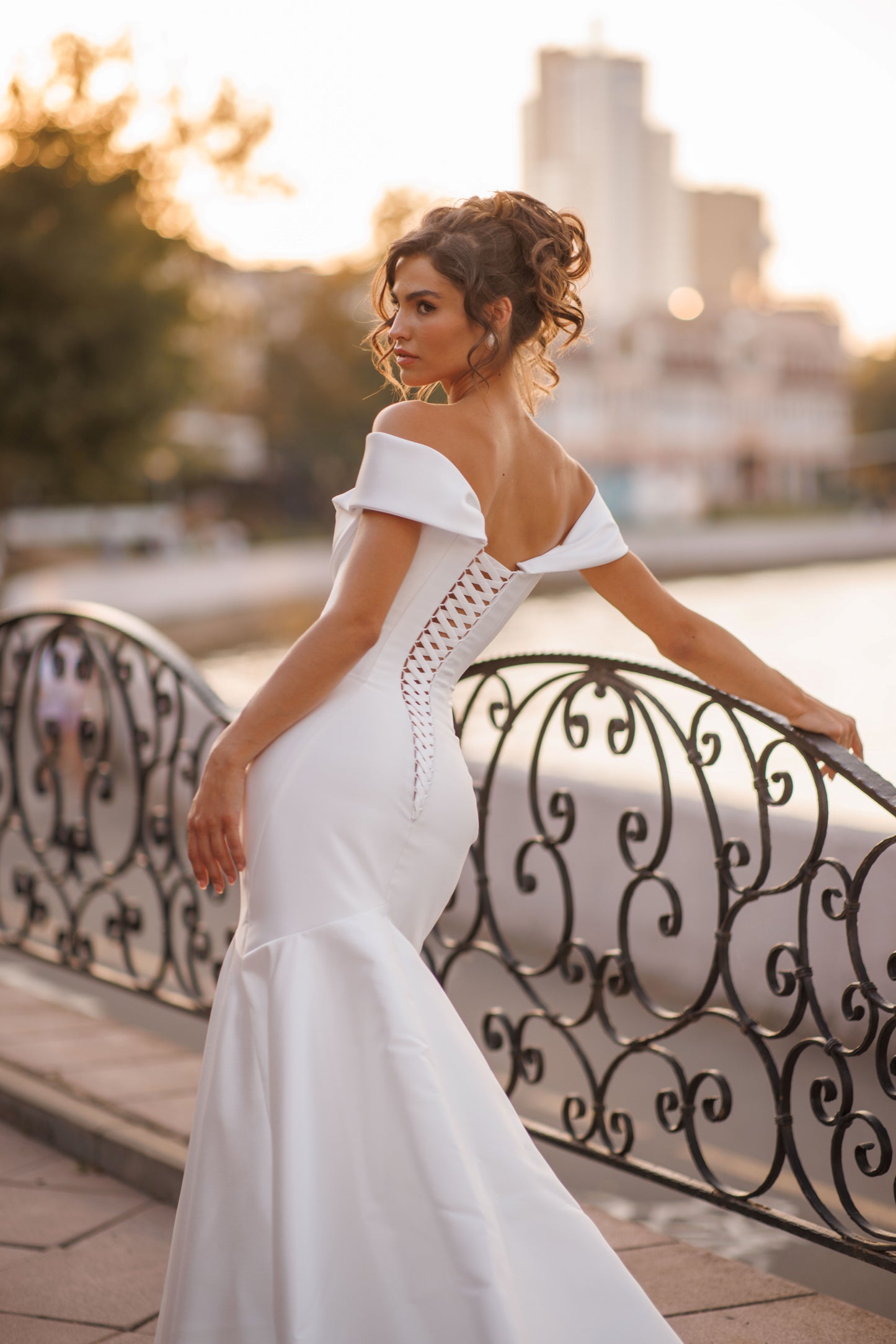 Mikado A-line off-the-shoulder wedding dress with long sleeves