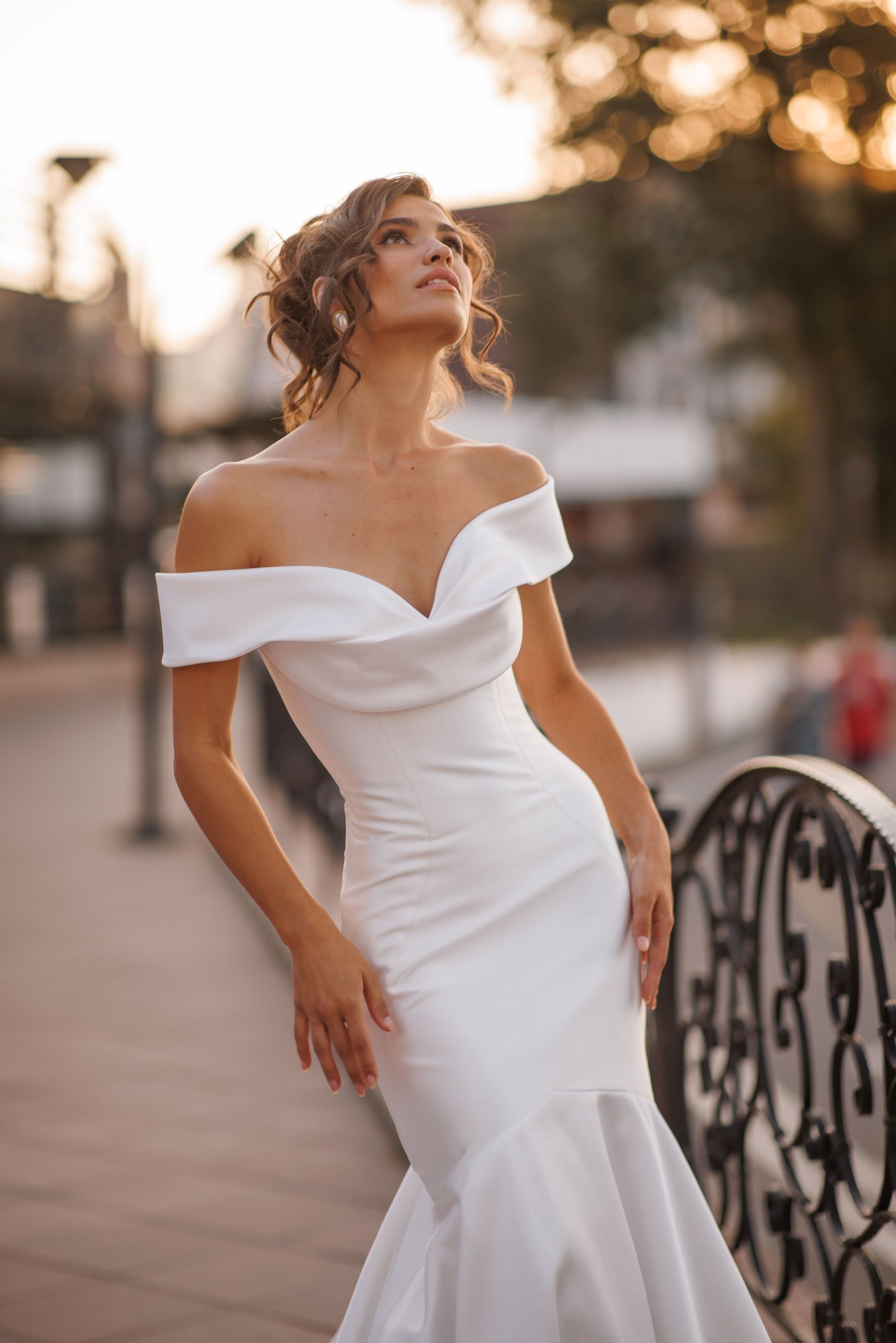 Mikado A-line off-the-shoulder wedding dress with long sleeves