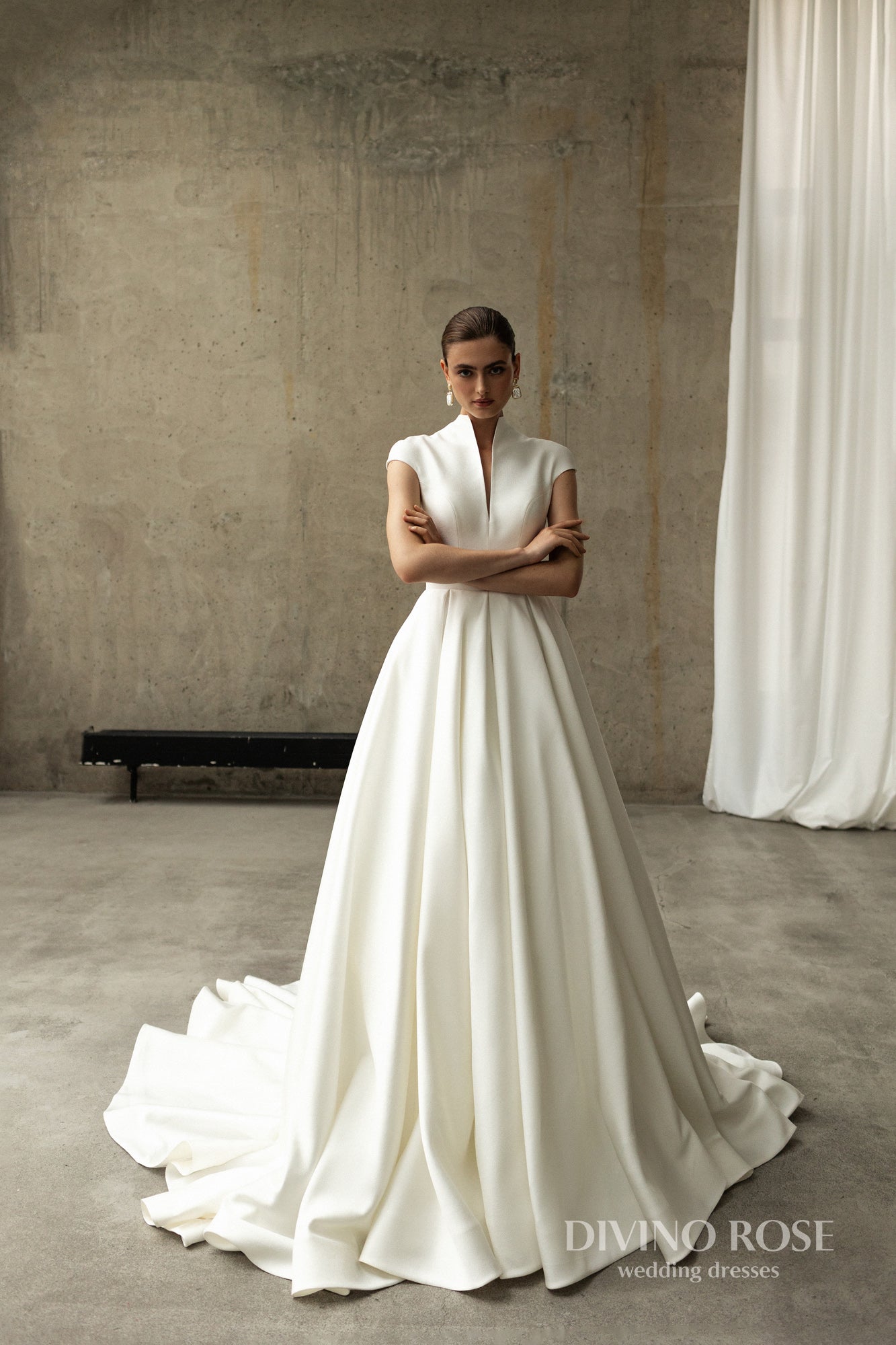 Mikado halter neckline wedding dress with chapel train