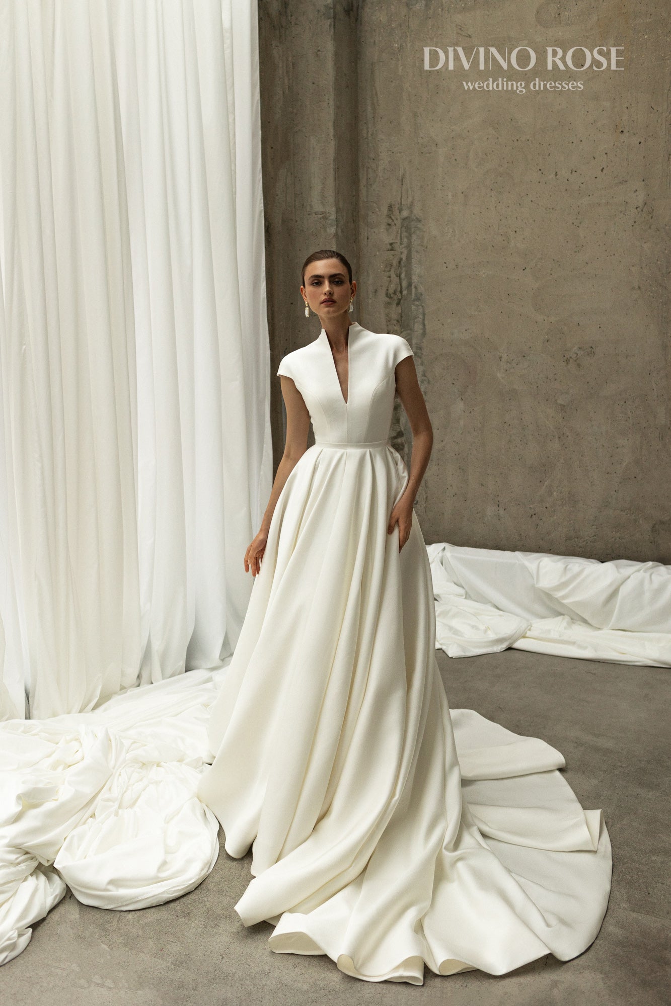 Mikado halter neckline wedding dress with chapel train