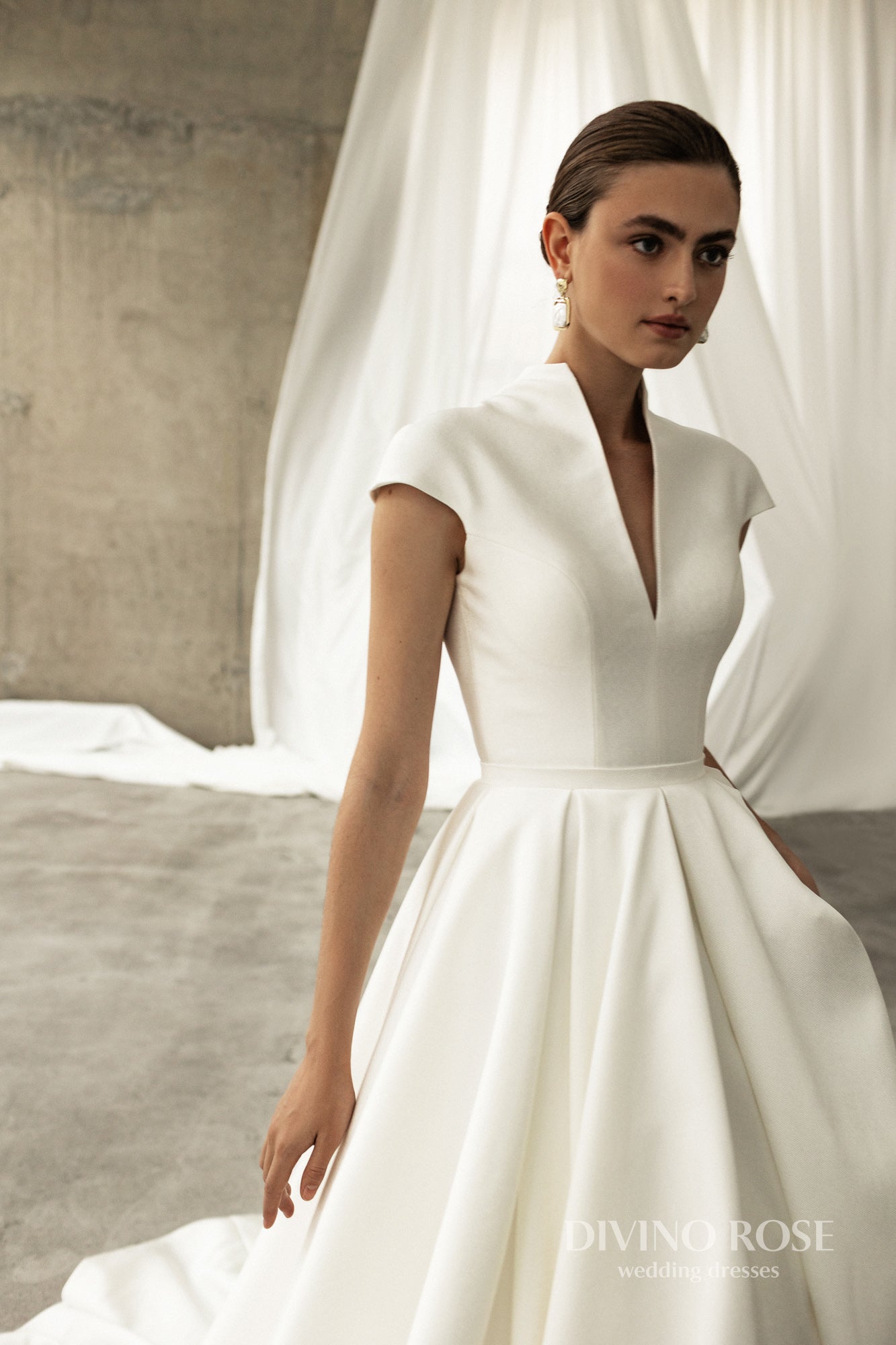 Mikado halter neckline wedding dress with chapel train