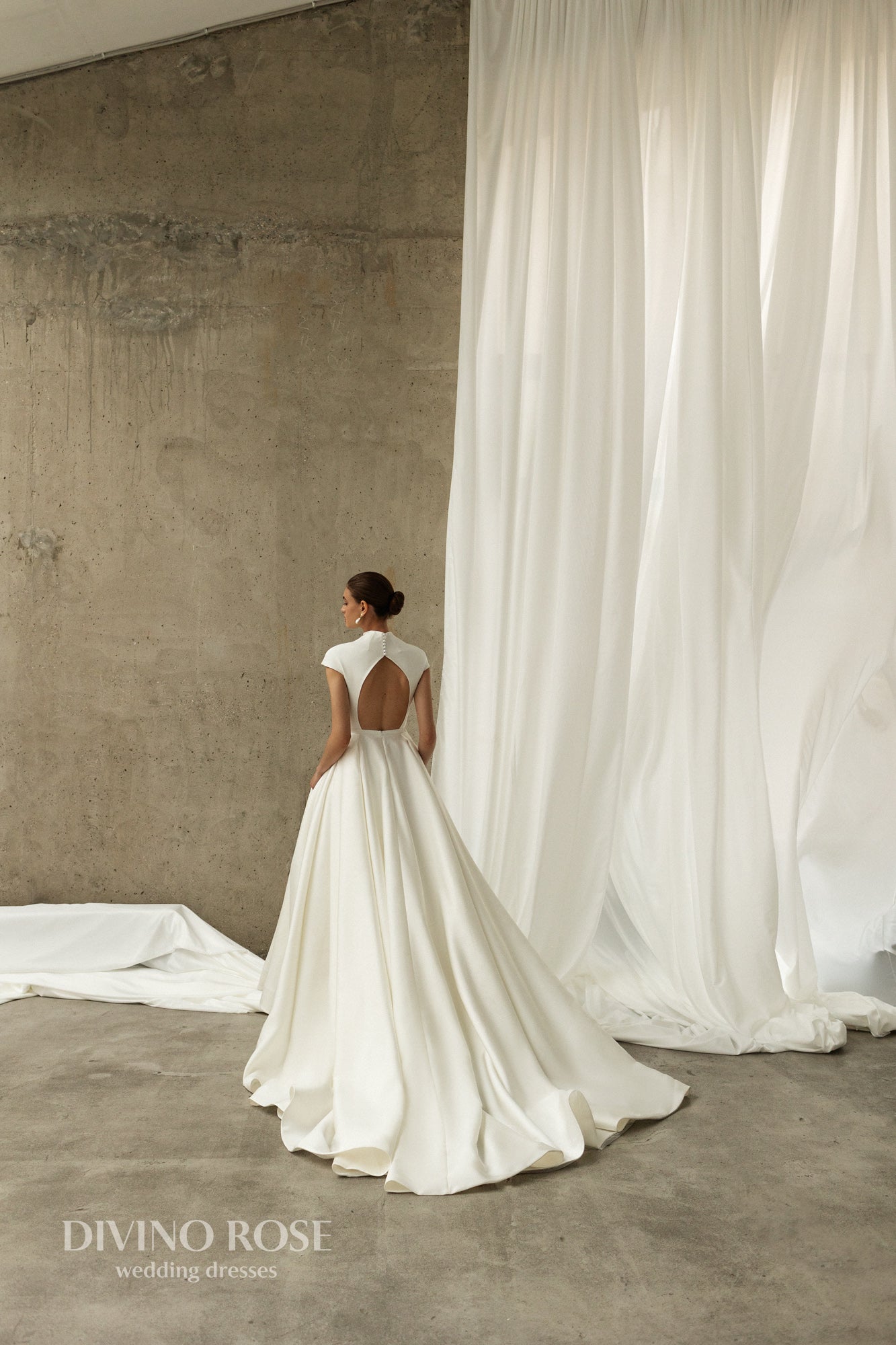 Mikado halter neckline wedding dress with chapel train