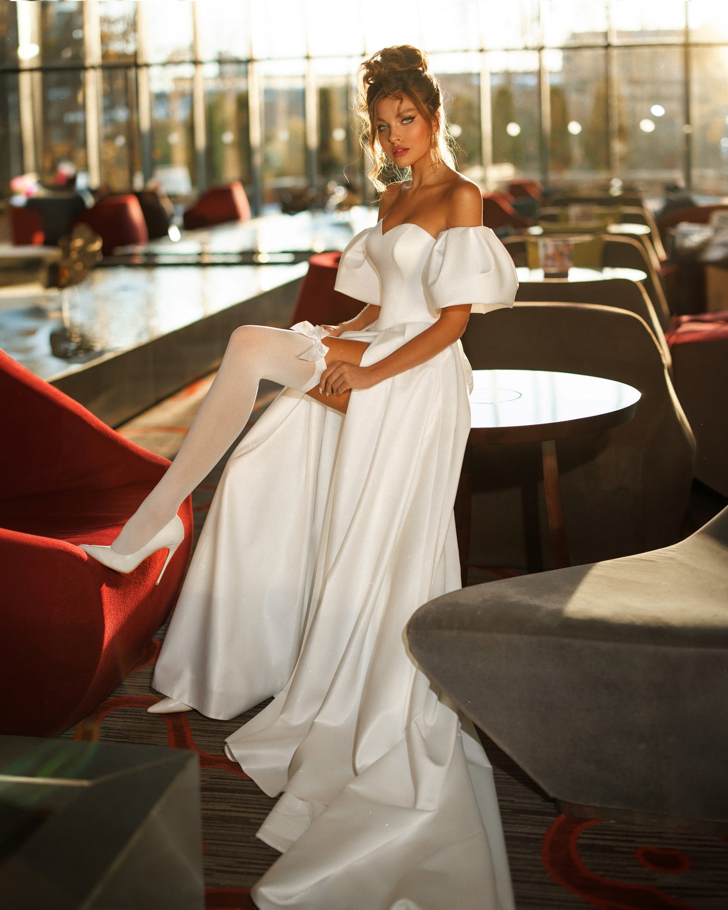 Mikado A-line off-the-shoulder wedding dress with long sleeves