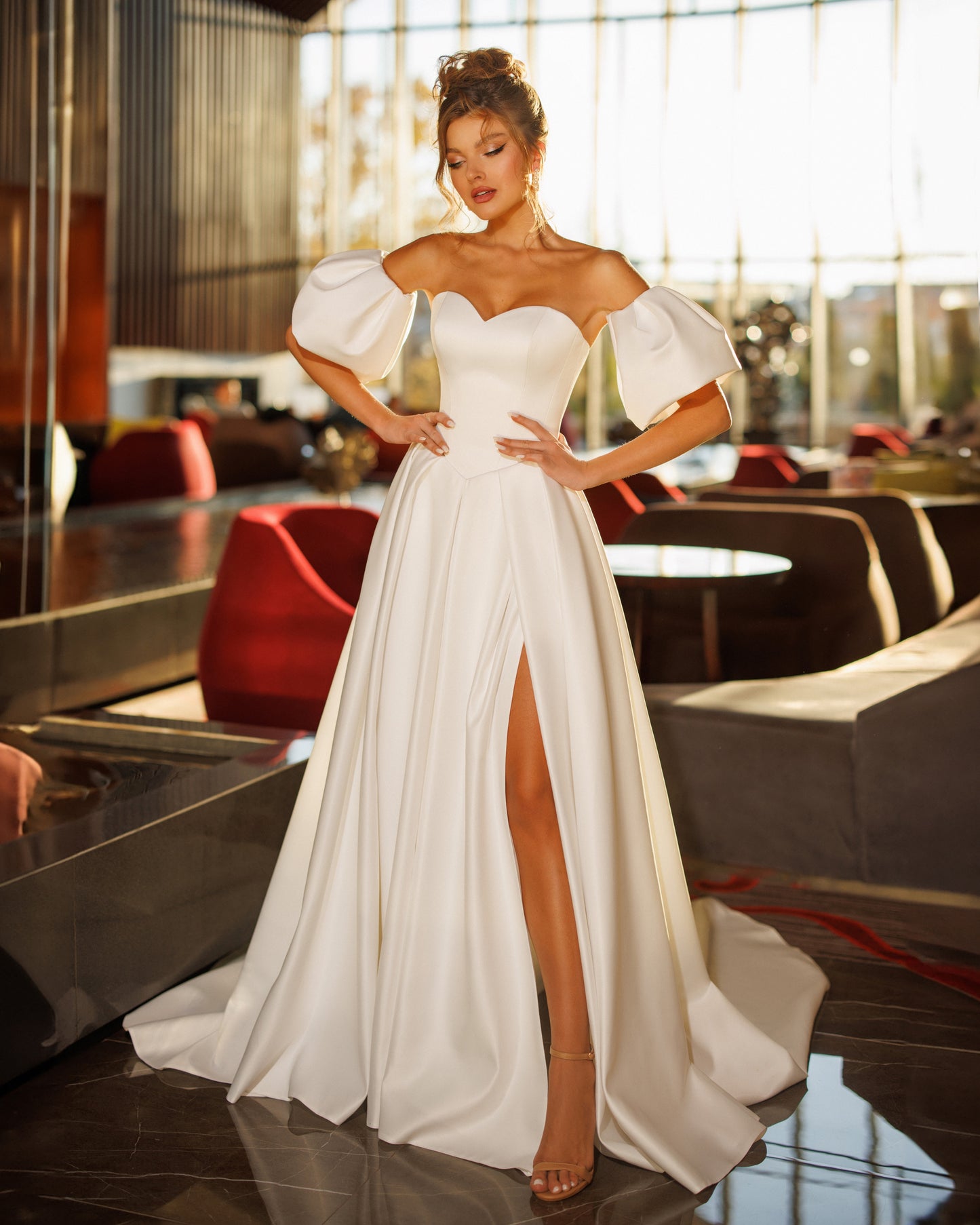 Mikado A-line off-the-shoulder wedding dress with long sleeves