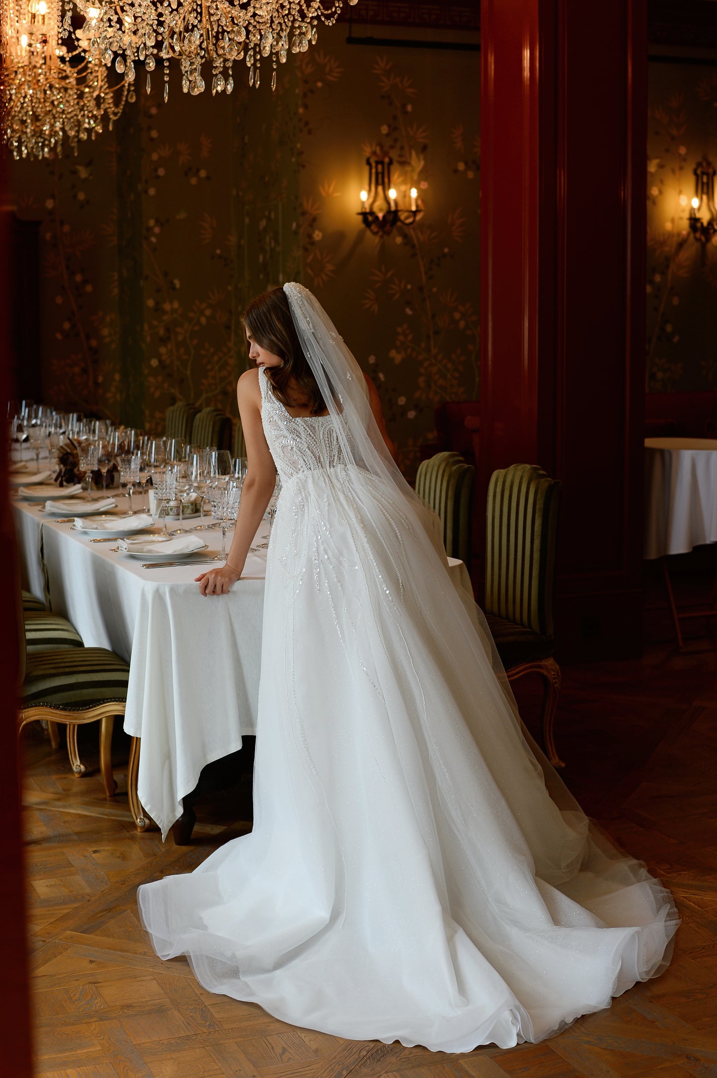 A-line wedding dress with sweetheart neckline & chapel train