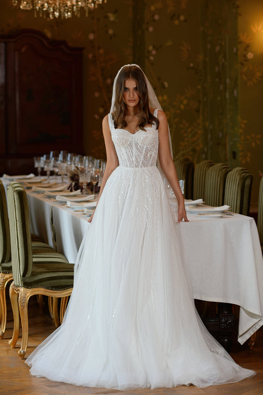 A-line wedding dress with sweetheart neckline & chapel train