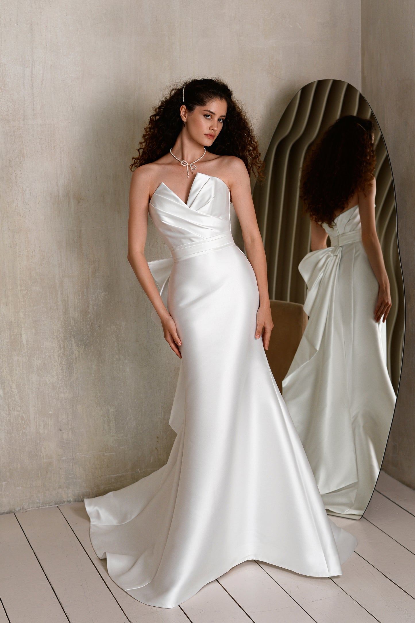 Mikado Trumpet Wedding Dress with Pleated V-neck and Bow