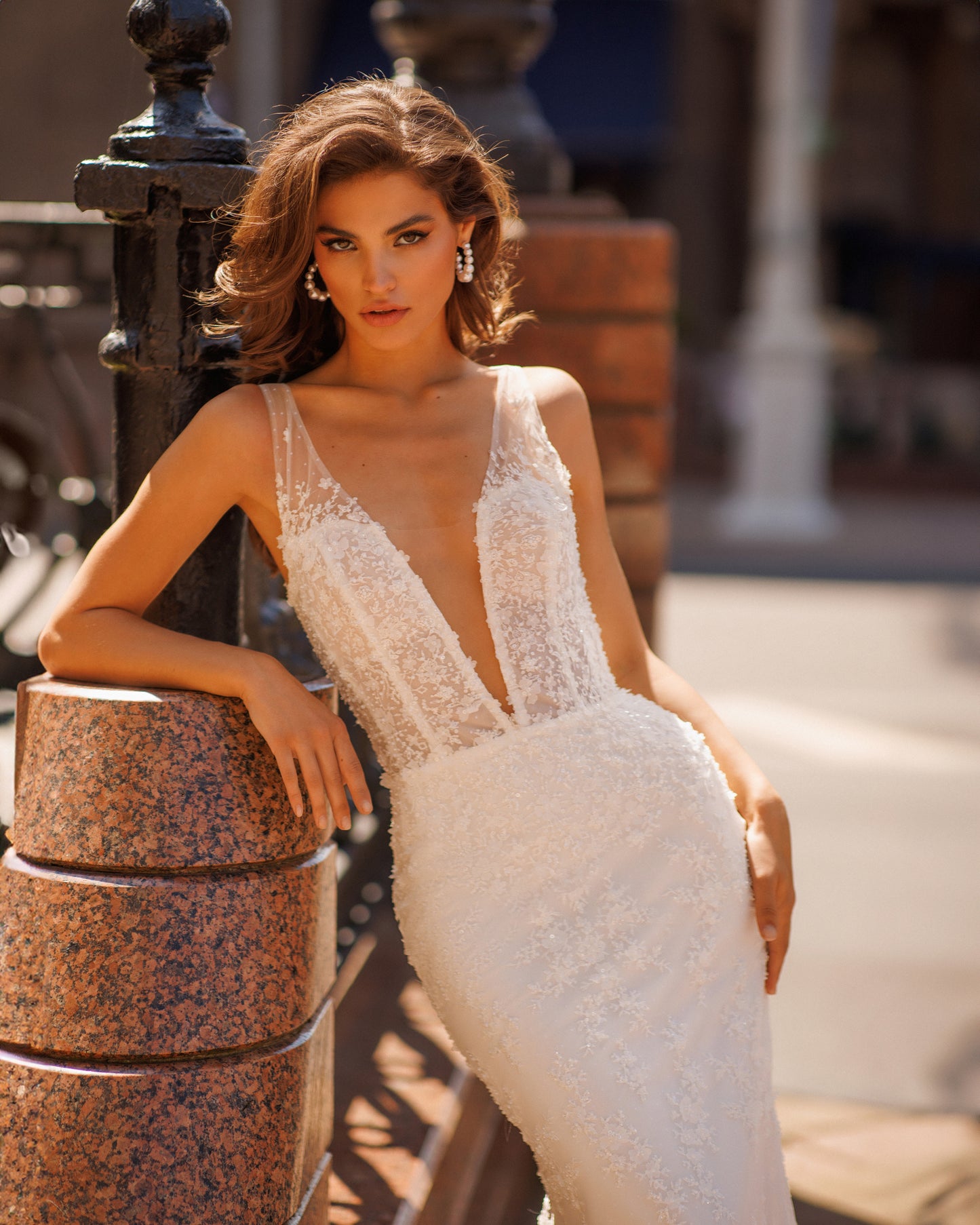 Mermaid fitted lace wedding dress with fishtail train