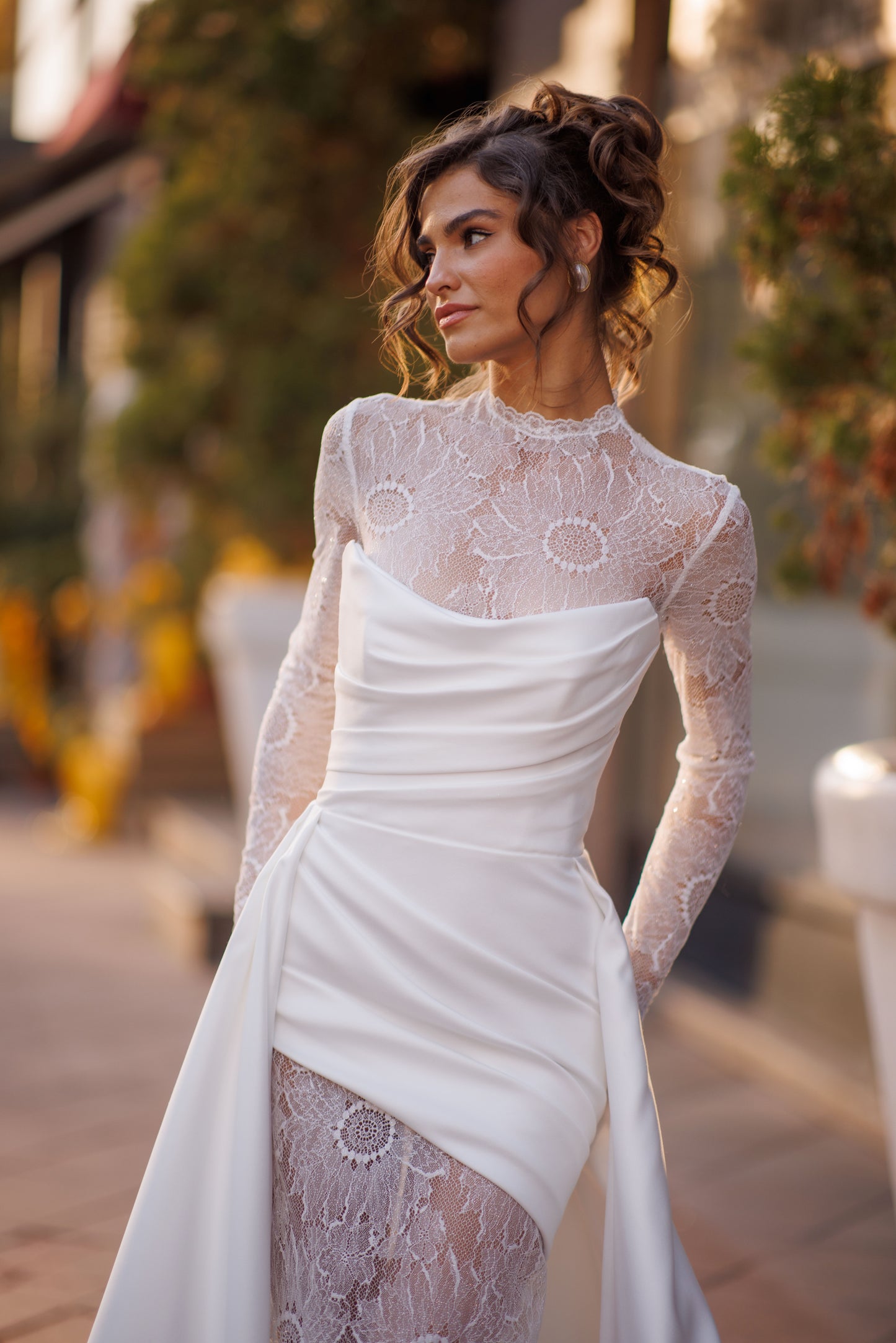 Sheath column high neck illusion long sleeve wedding dress
