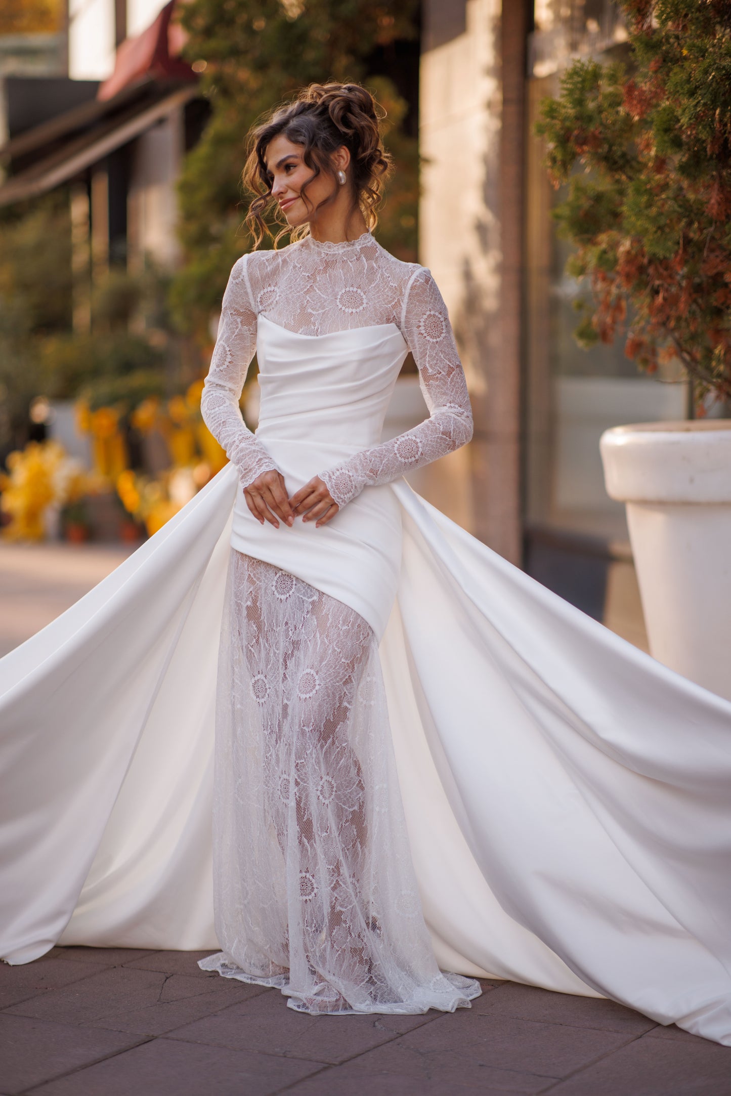 Sheath column high neck illusion long sleeve wedding dress