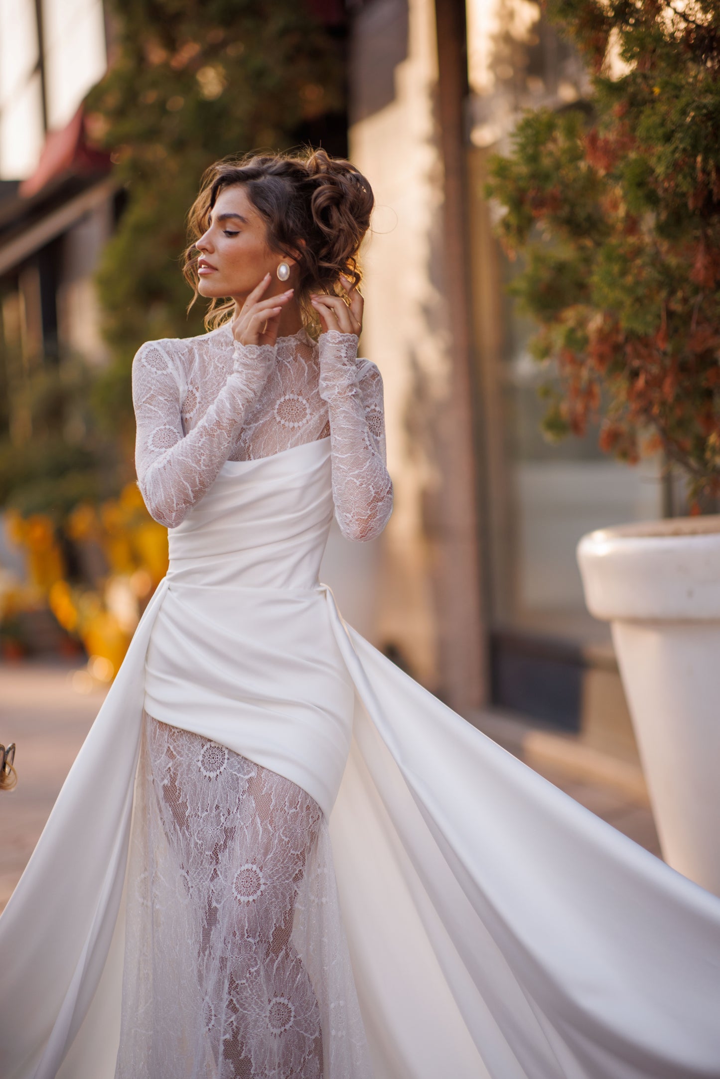 Sheath column high neck illusion long sleeve wedding dress
