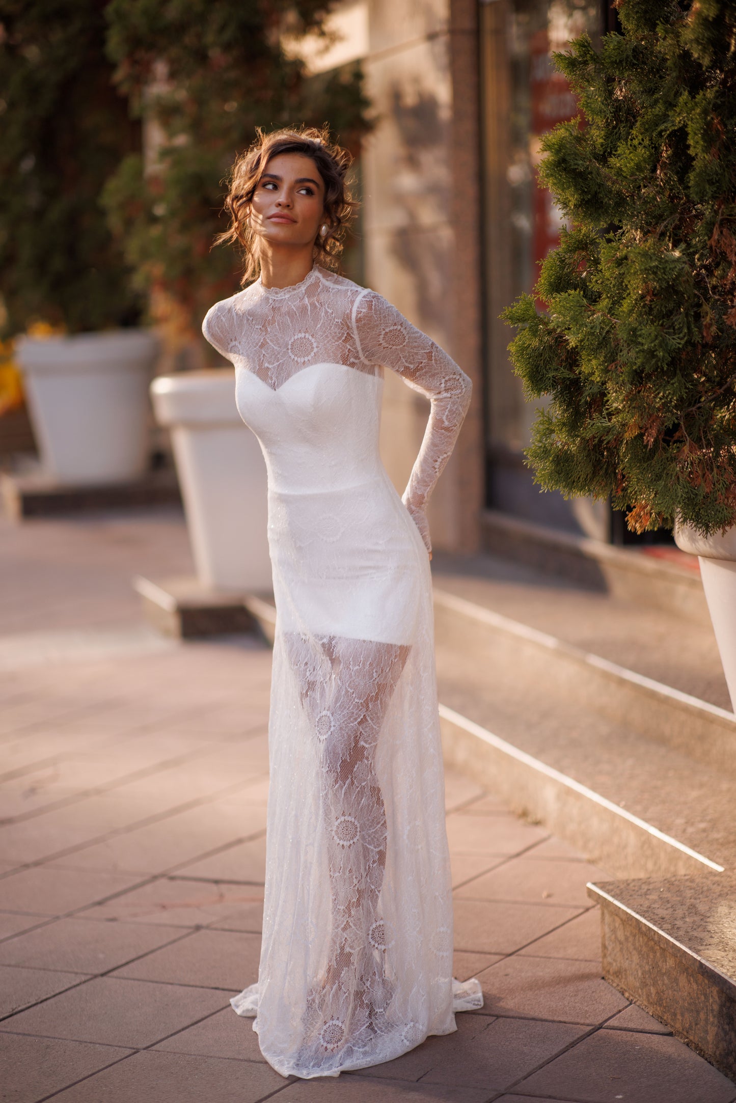 Sheath column high neck illusion long sleeve wedding dress