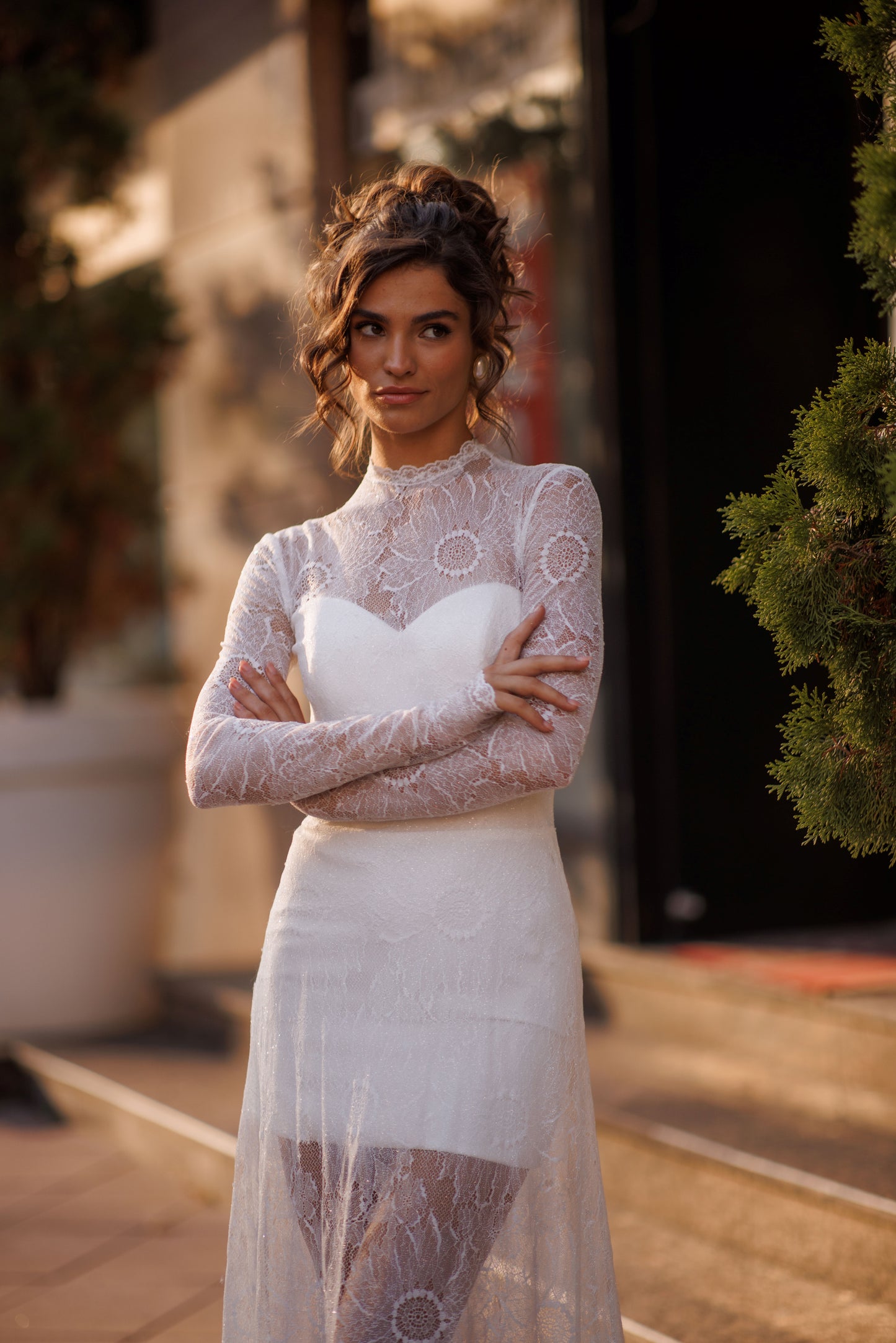 Sheath column high neck illusion long sleeve wedding dress