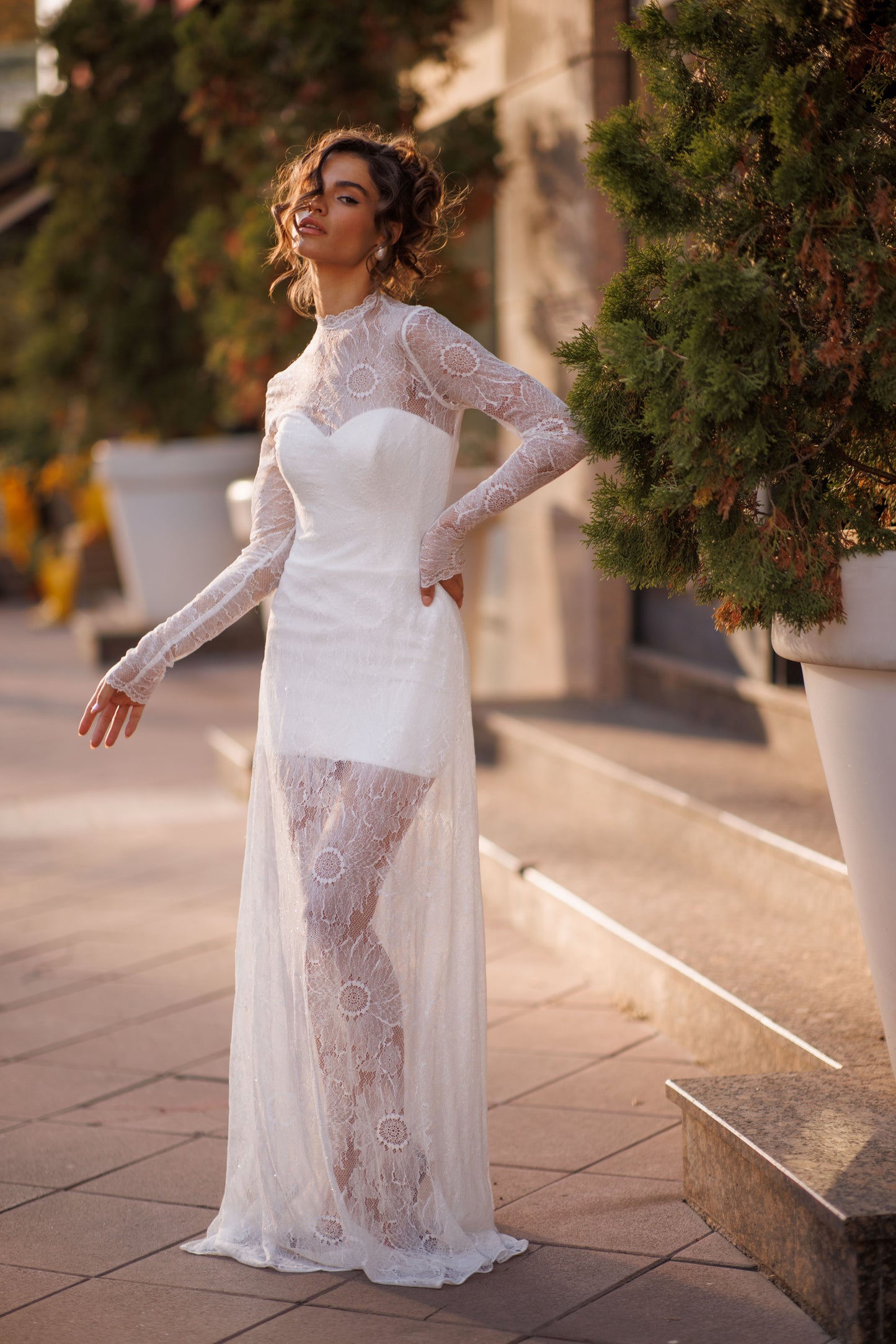Sheath column high neck illusion long sleeve wedding dress