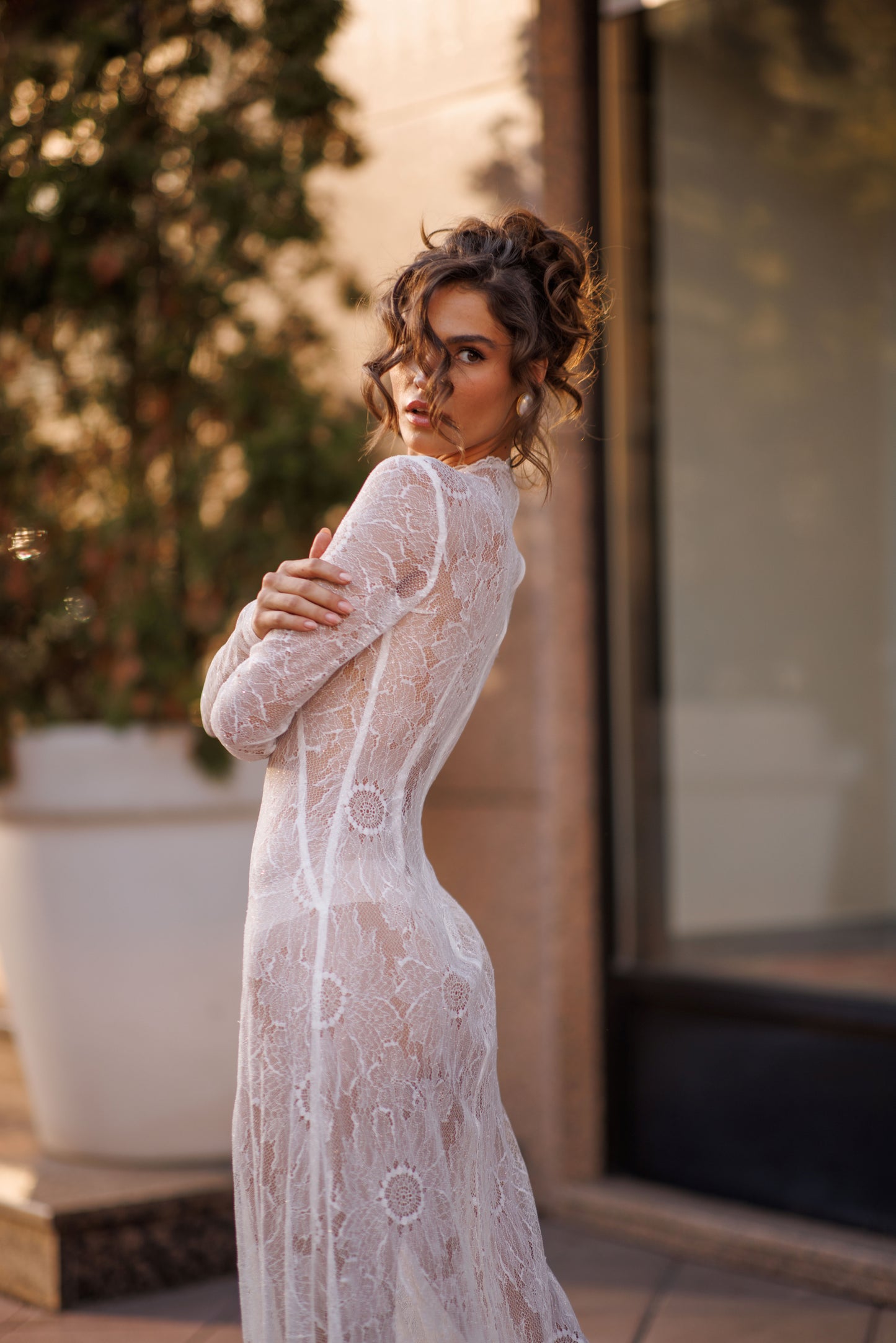Sheath column high neck illusion long sleeve wedding dress
