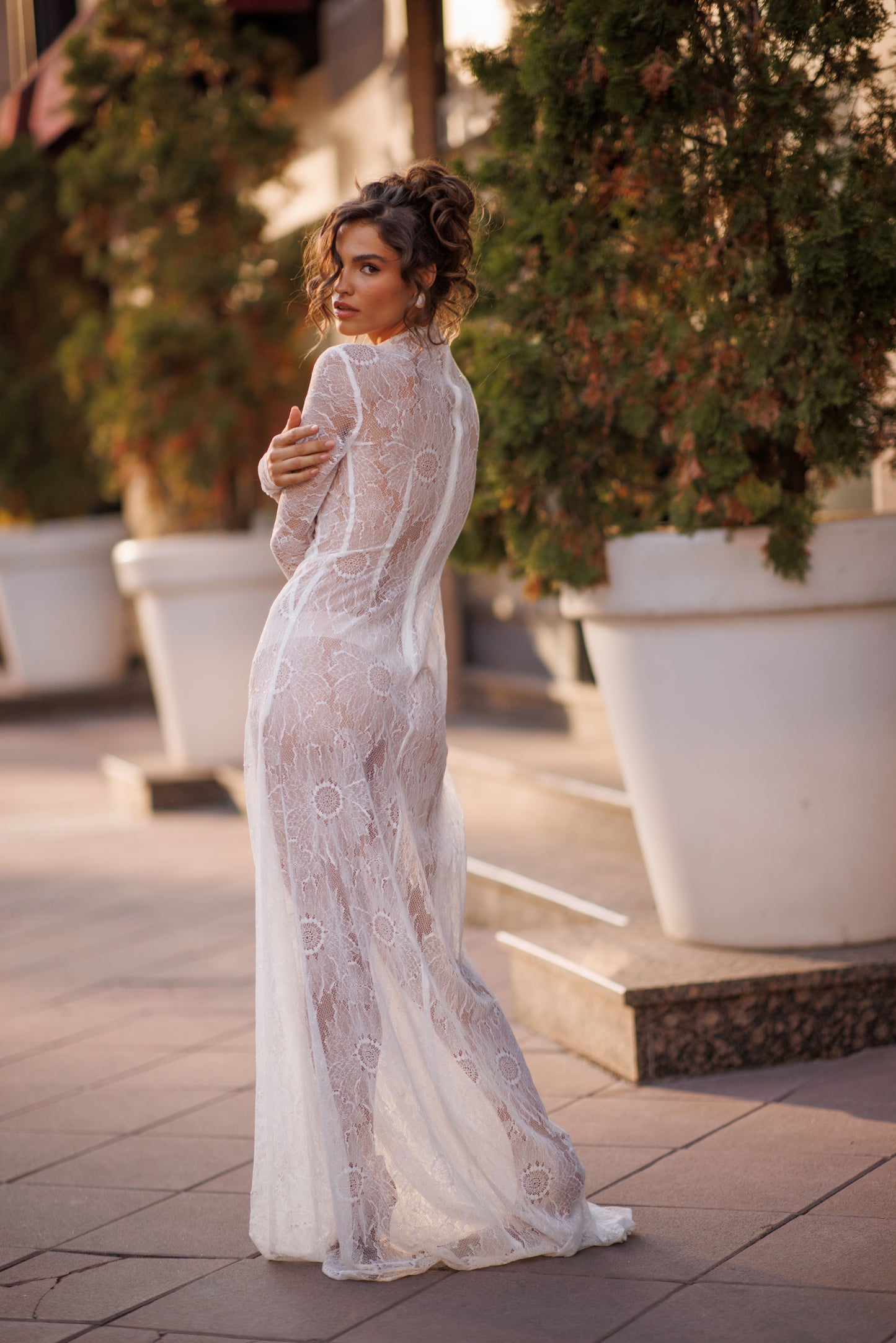 Sheath column high neck illusion long sleeve wedding dress