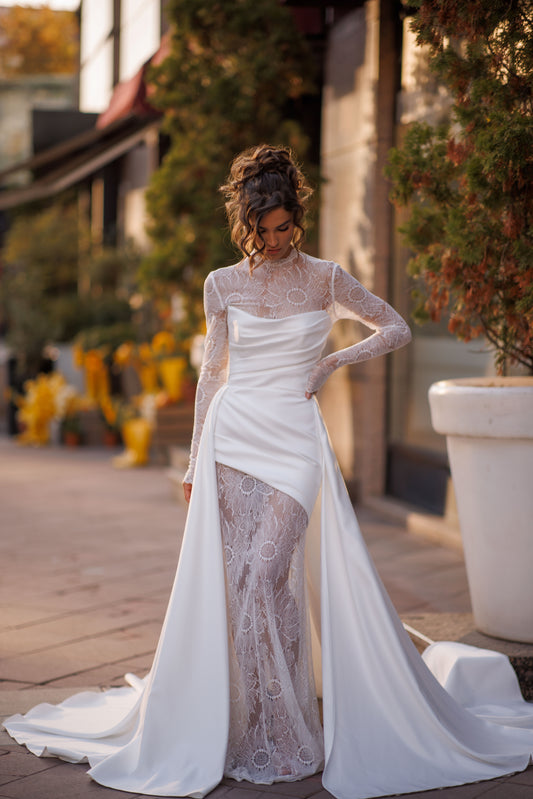 Sheath column high neck illusion long sleeve wedding dress