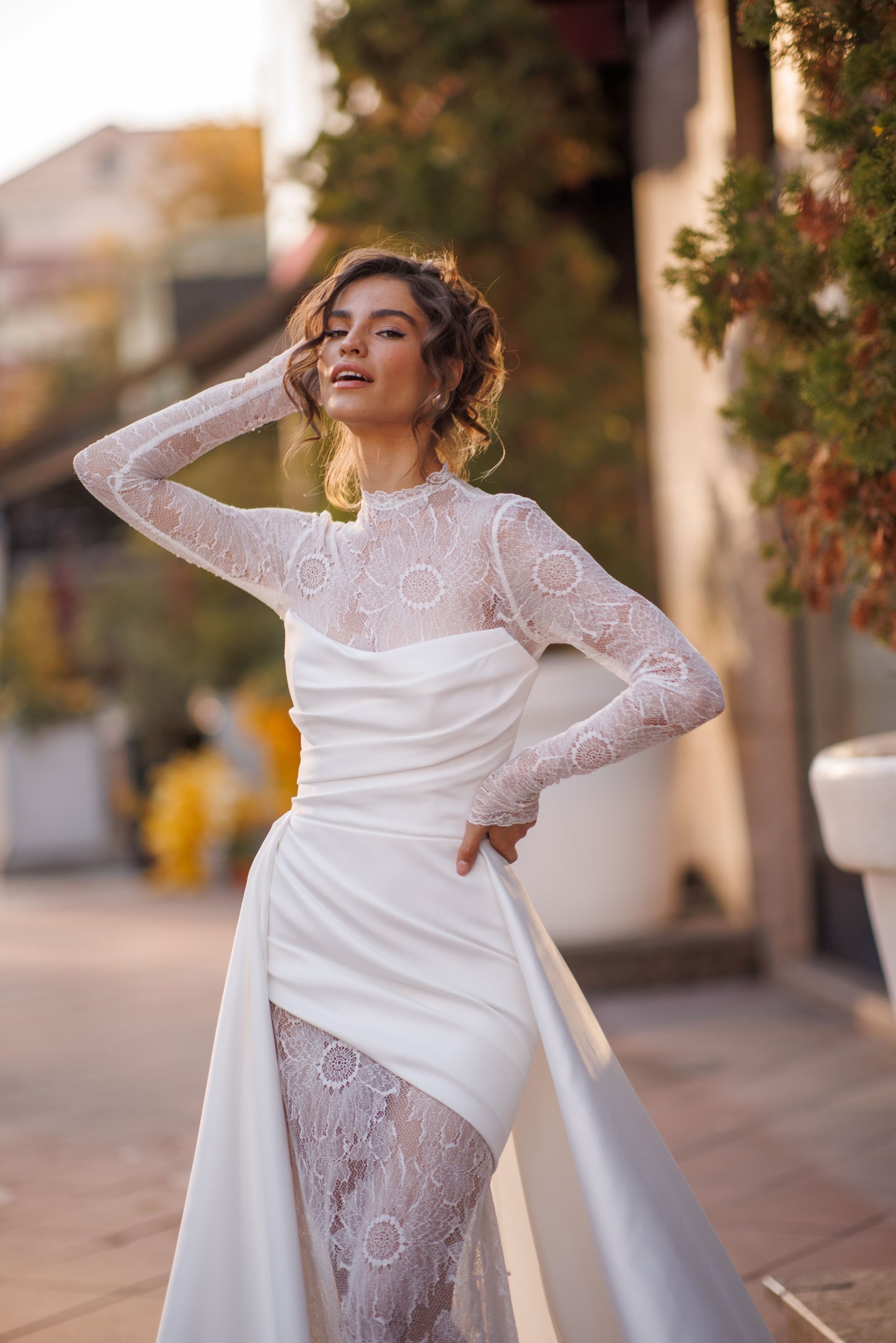 Sheath column high neck illusion long sleeve wedding dress