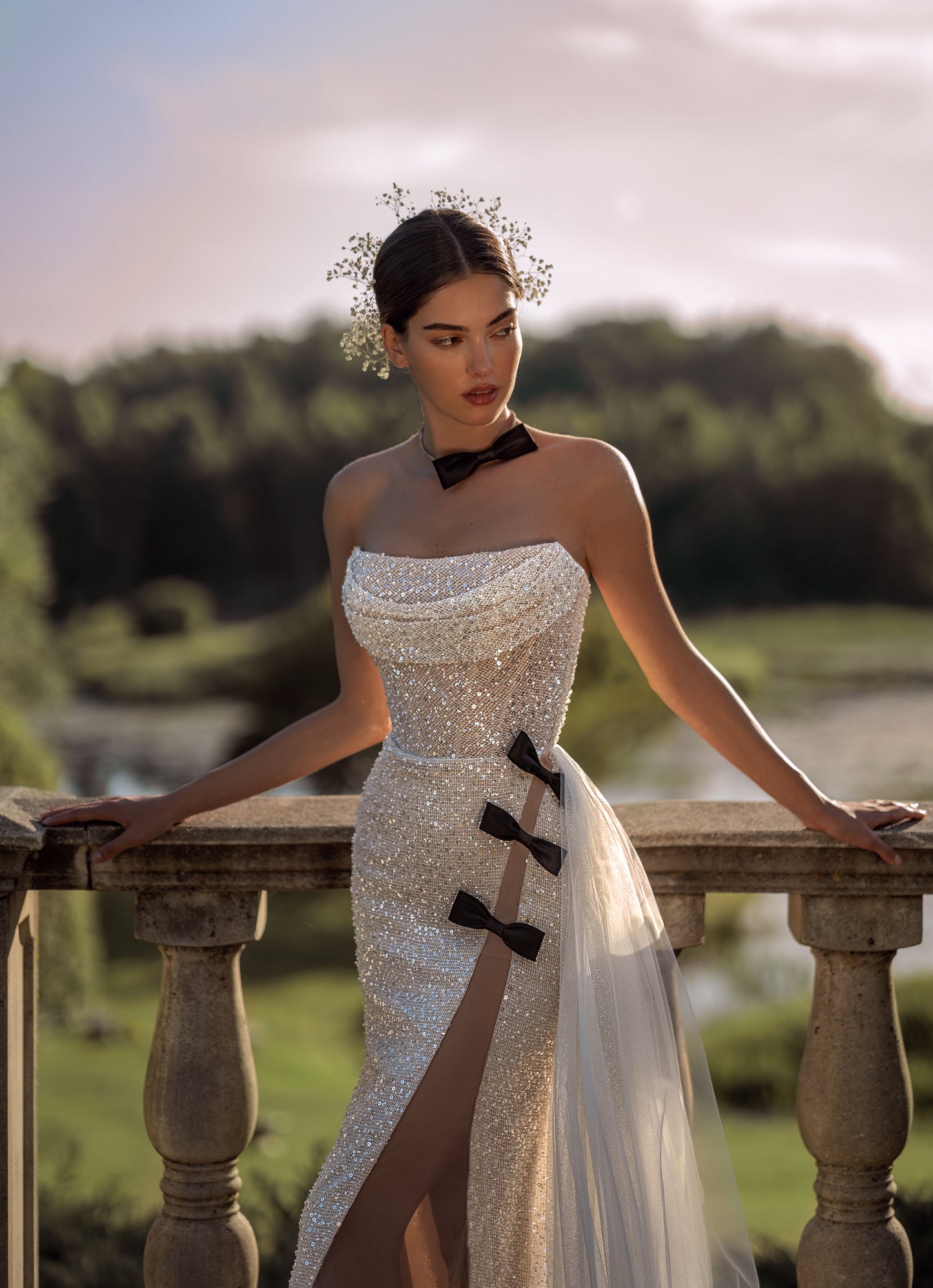 Fitted sequin lace wedding dress with tulle train and slit
