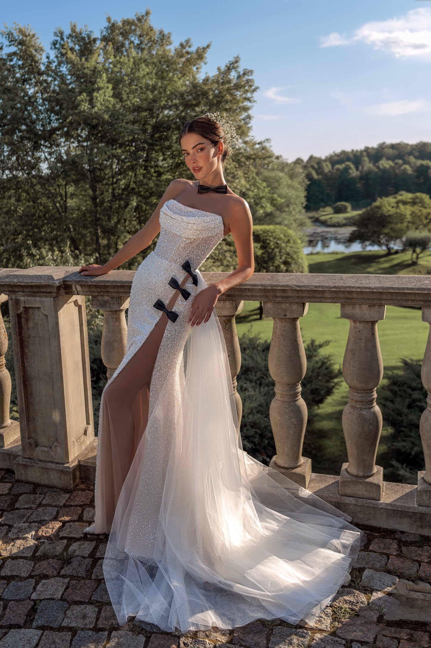Fitted Straight Column Sleeveless Straight draped neckline Slit Skirt Side panel tulle train Sequin lace Wedding dress