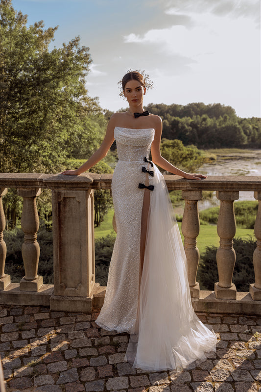 Fitted sequin lace wedding dress with tulle train and slit
