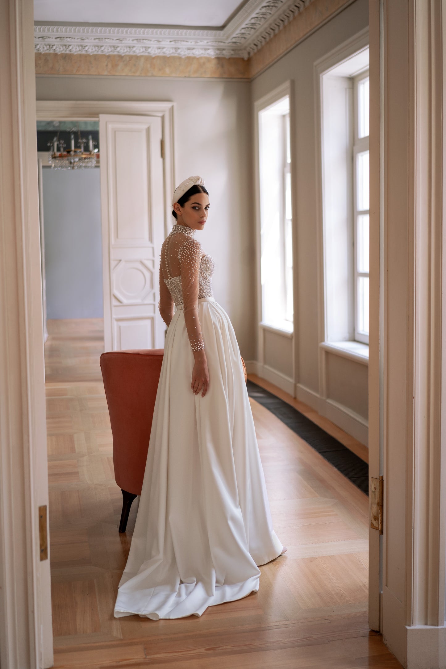 Wedding dress with pearls and long illusion sleeves