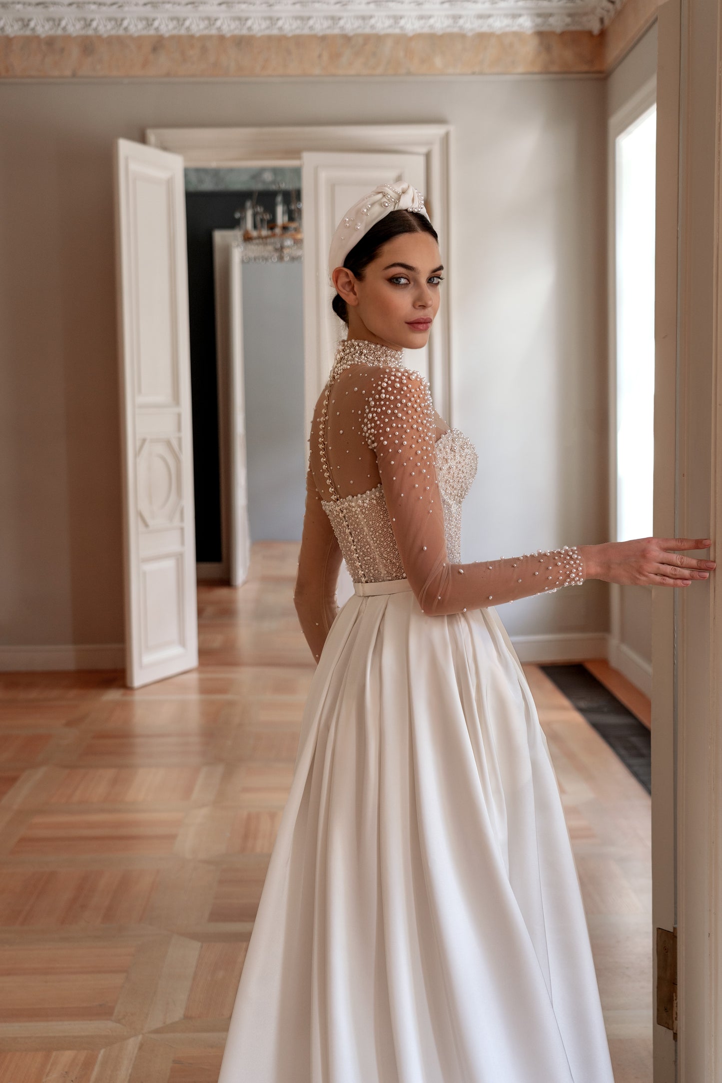 Wedding dress with pearls and long illusion sleeves