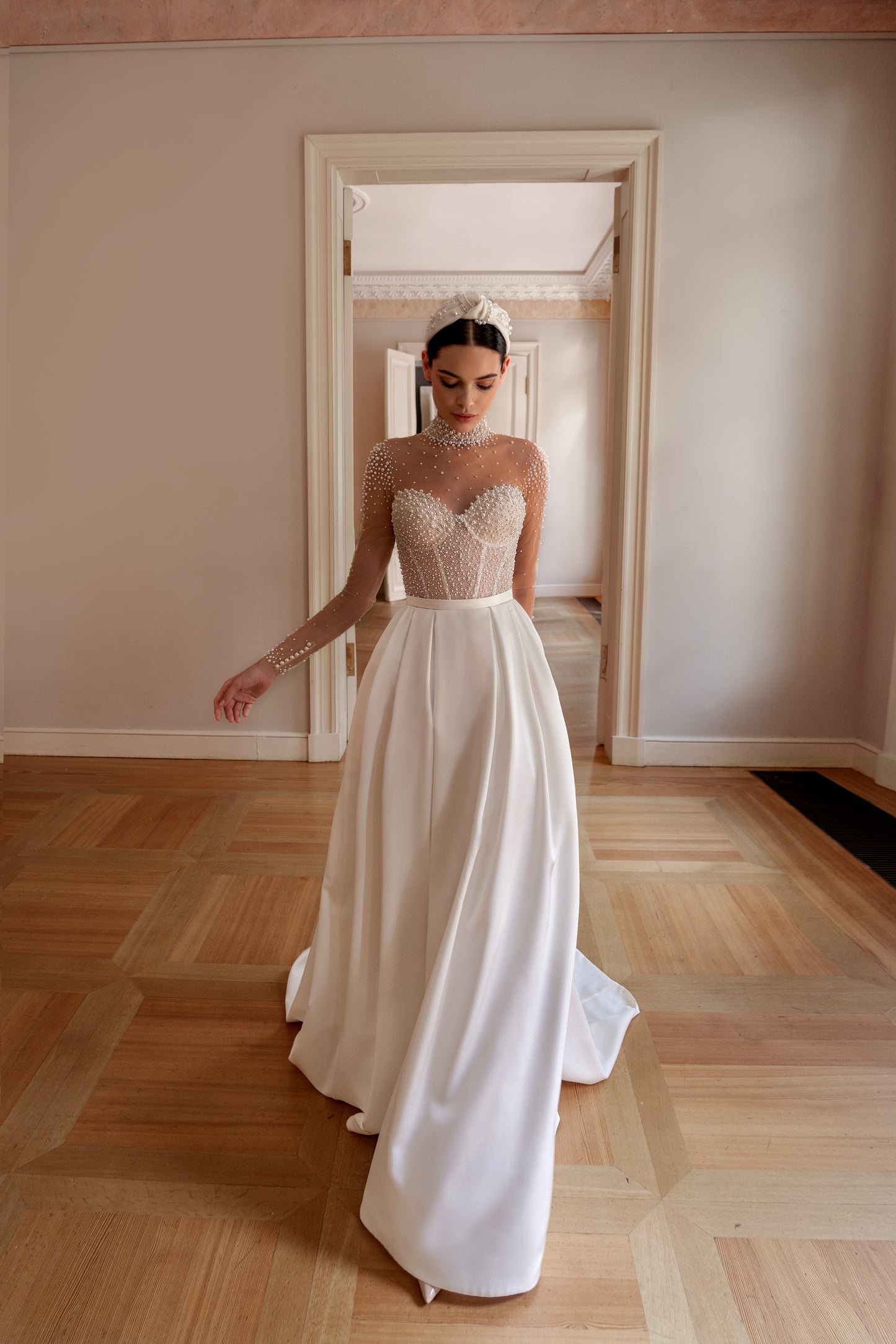 Wedding dress with pearls and long illusion sleeves