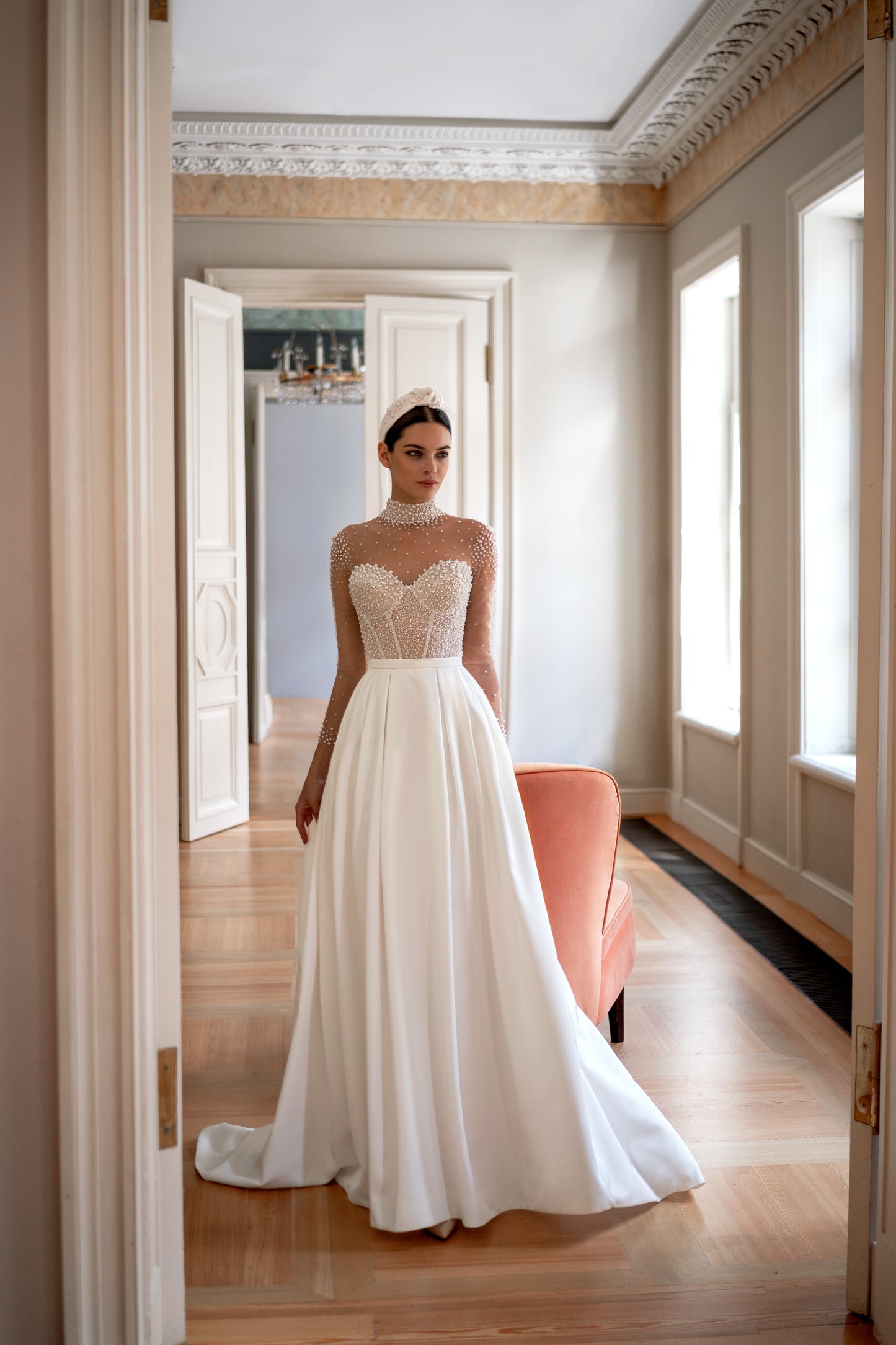 Wedding dress with pearls and long illusion sleeves