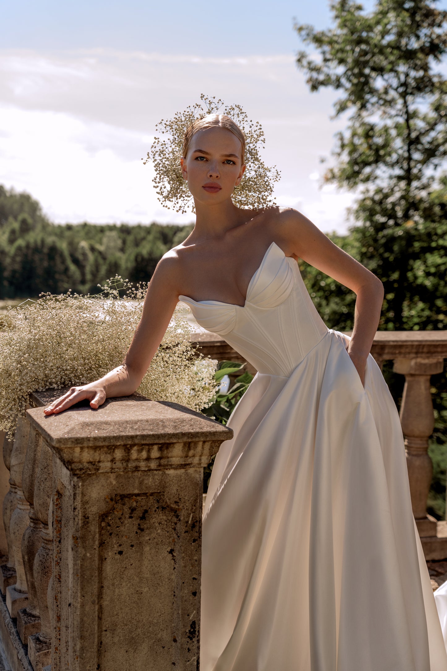 Minimalist satin A-line wedding dress with drop waist corset