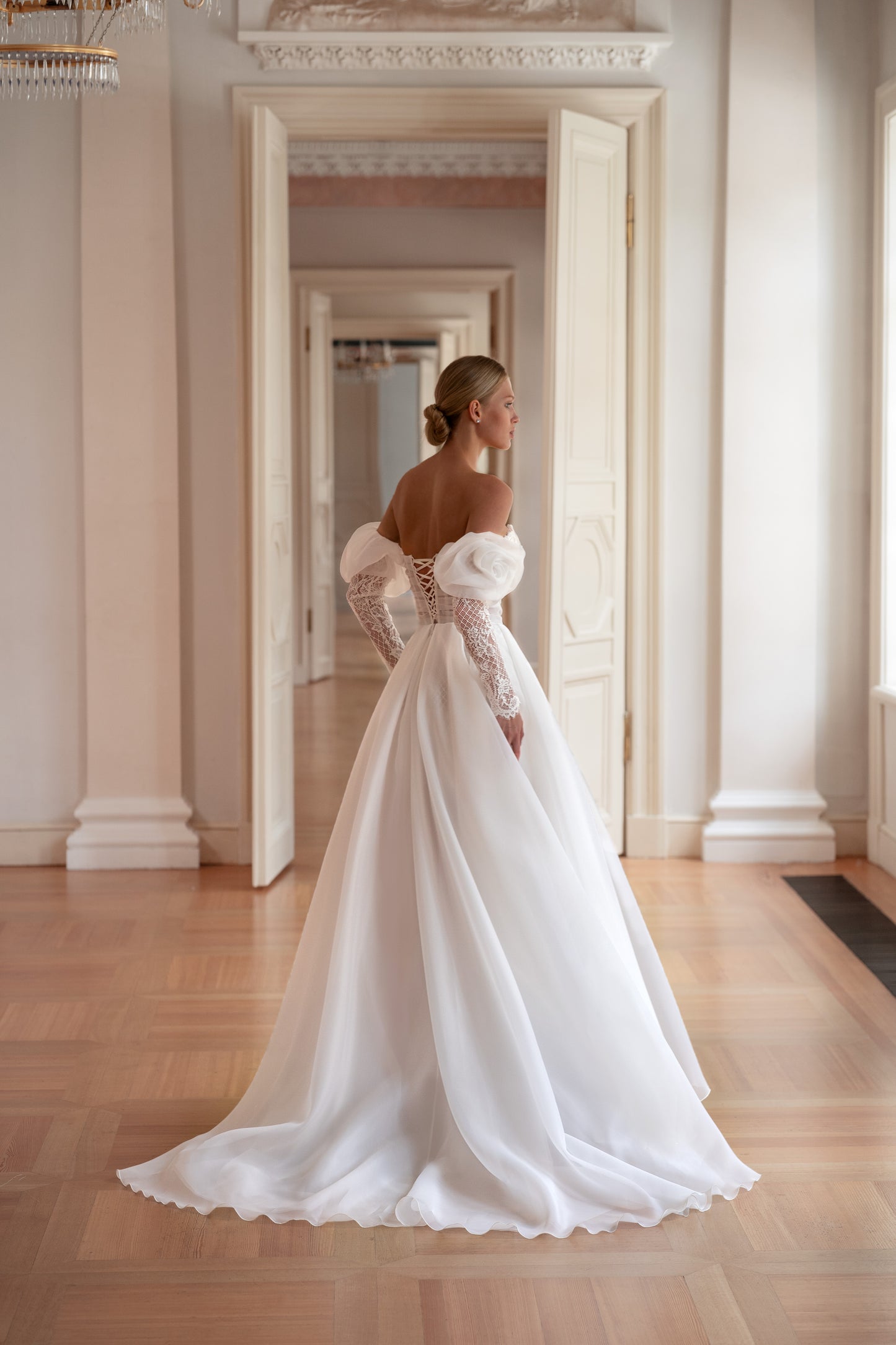 Romantic A-line wedding dress with 3D floral sleeves & slit