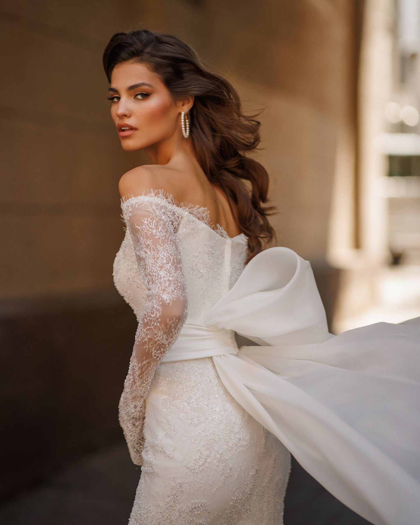 Mermaid lace wedding dress with long sleeves and V-neckline.