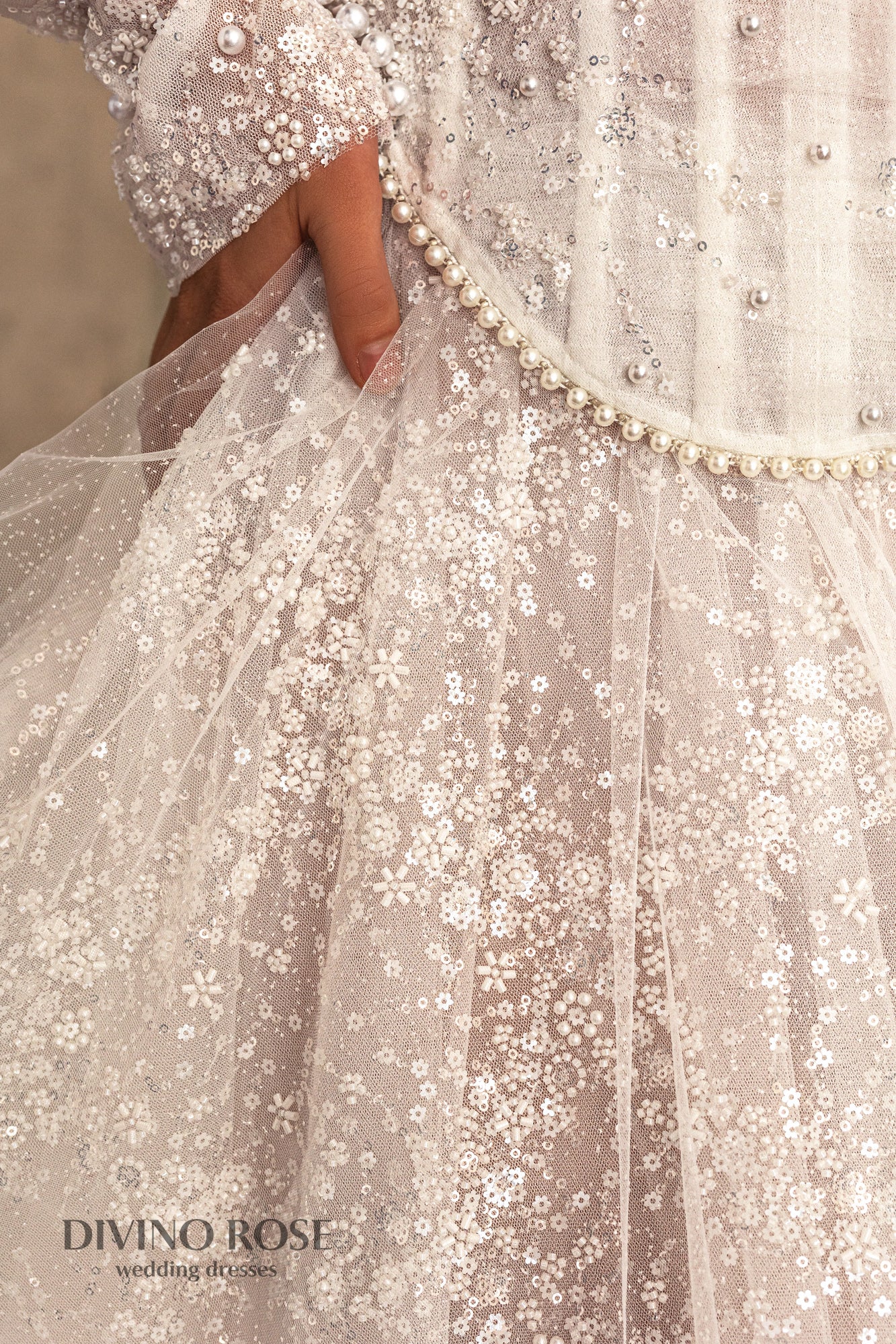 Princess A-line wedding dress with chapel train and removable sleeves