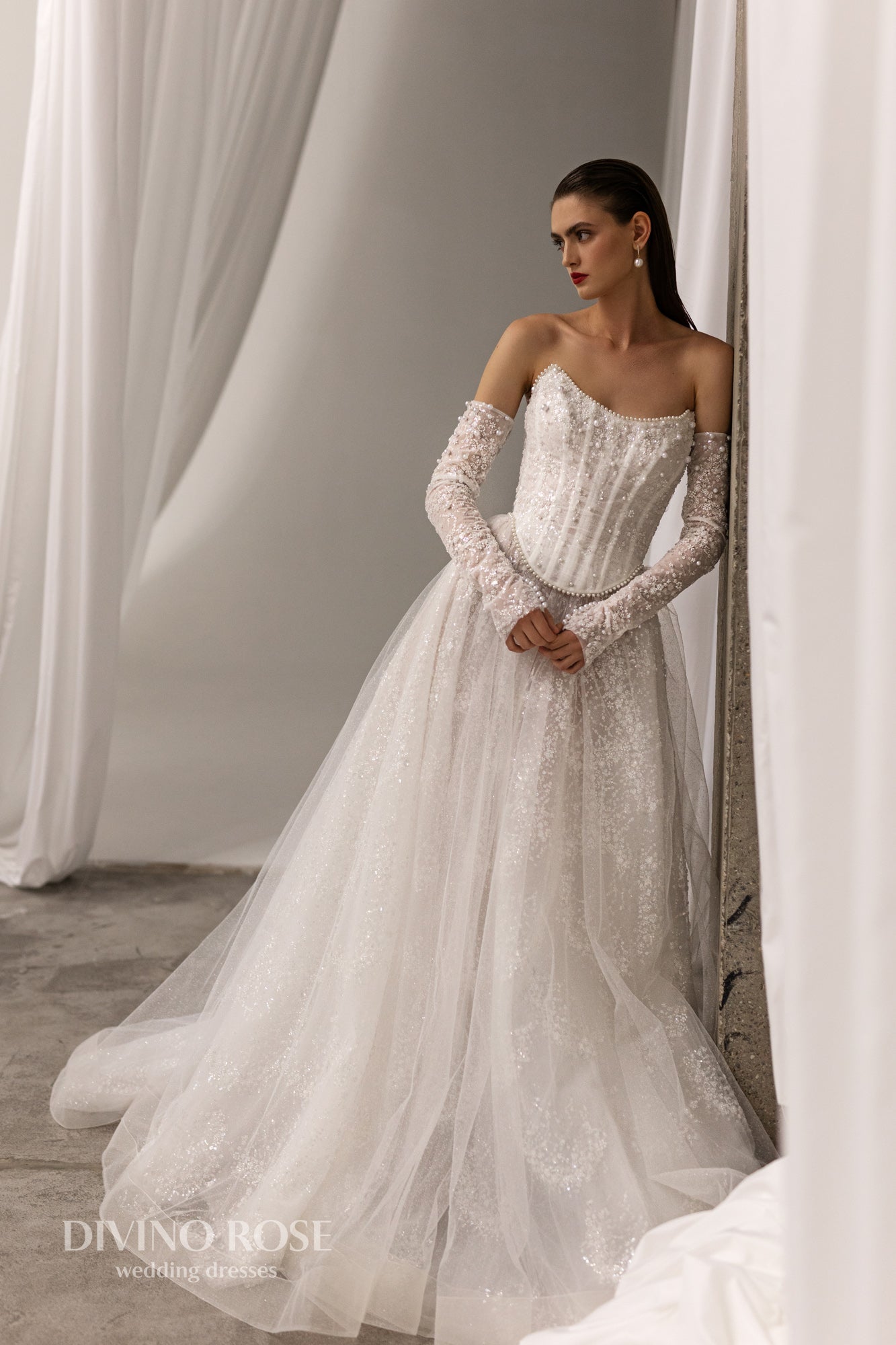 Princess A-line wedding dress with chapel train and removable sleeves