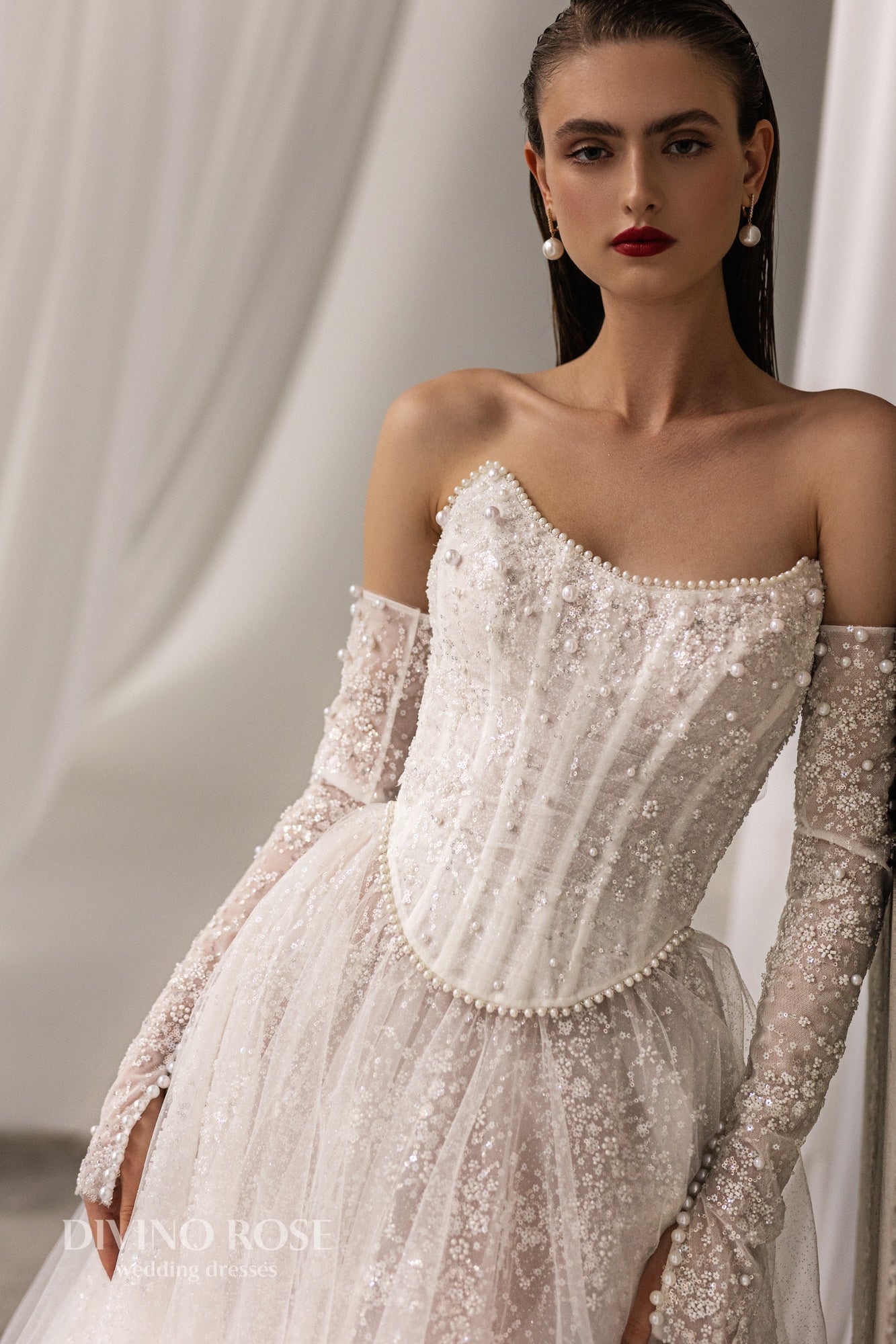 Princess A-line wedding dress with chapel train and removable sleeves
