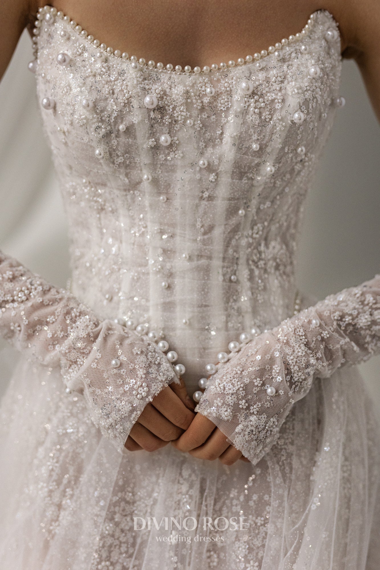 Princess A-line wedding dress with chapel train and removable sleeves