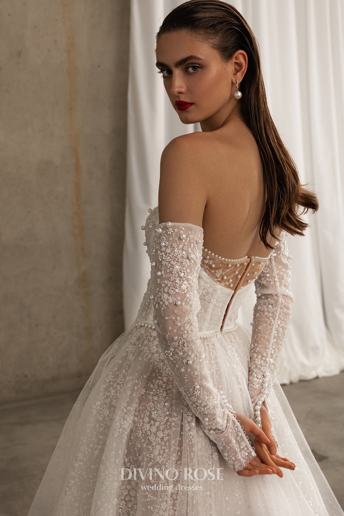 Princess A-line wedding dress with chapel train and removable sleeves