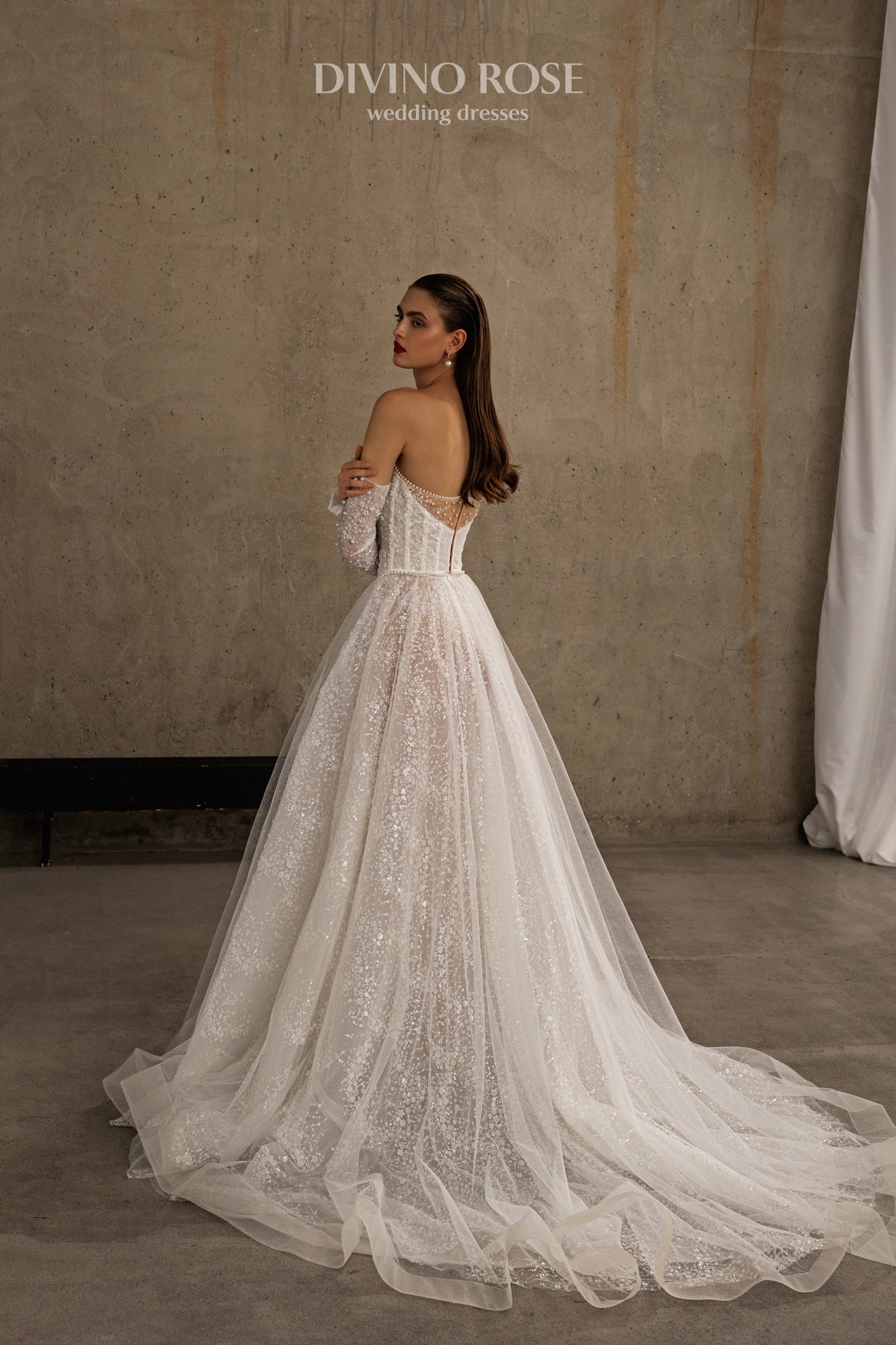 Princess A-line wedding dress with chapel train and removable sleeves