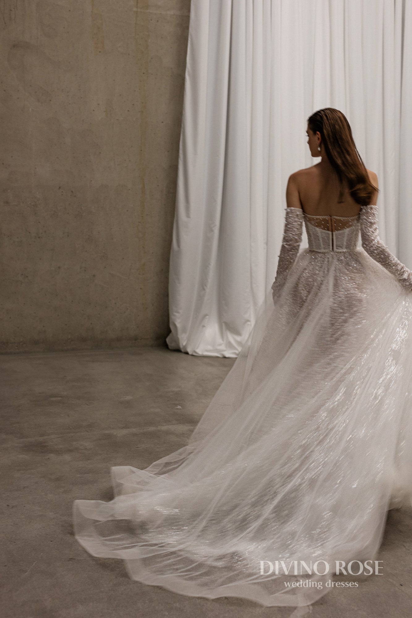 Princess A-line wedding dress with chapel train and removable sleeves