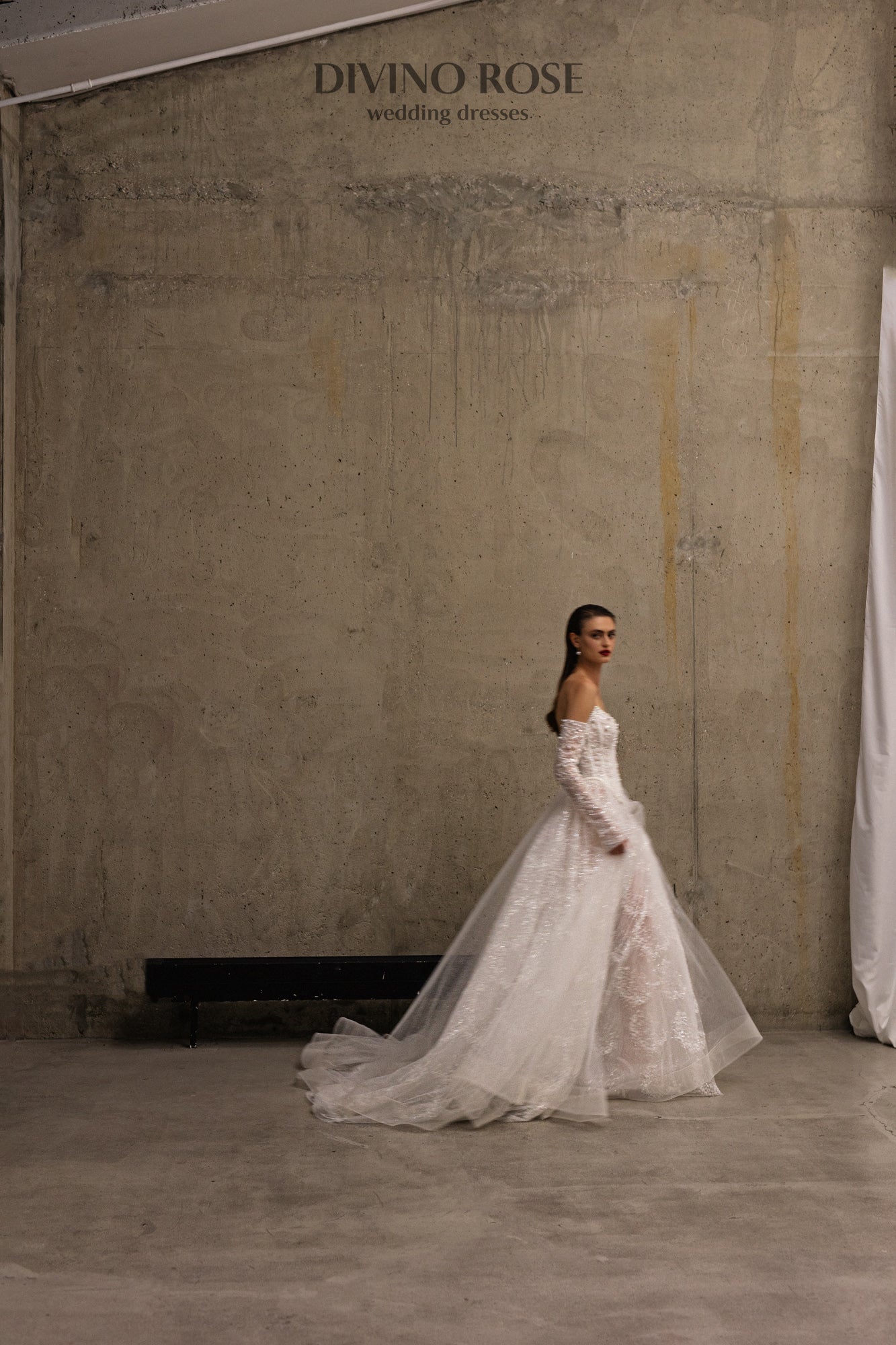 Princess A-line wedding dress with chapel train and removable sleeves