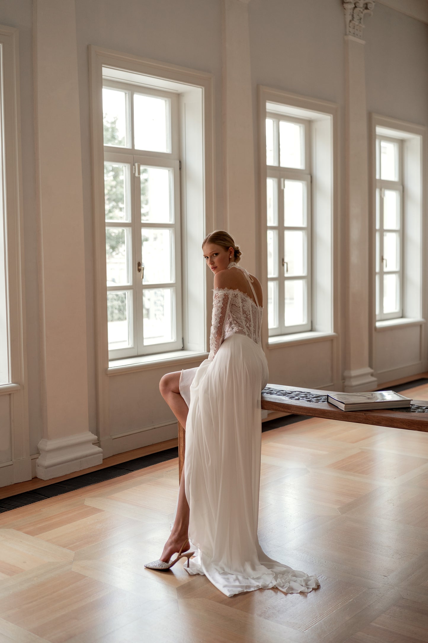 Off the shoulder chiffon A-line wedding dress