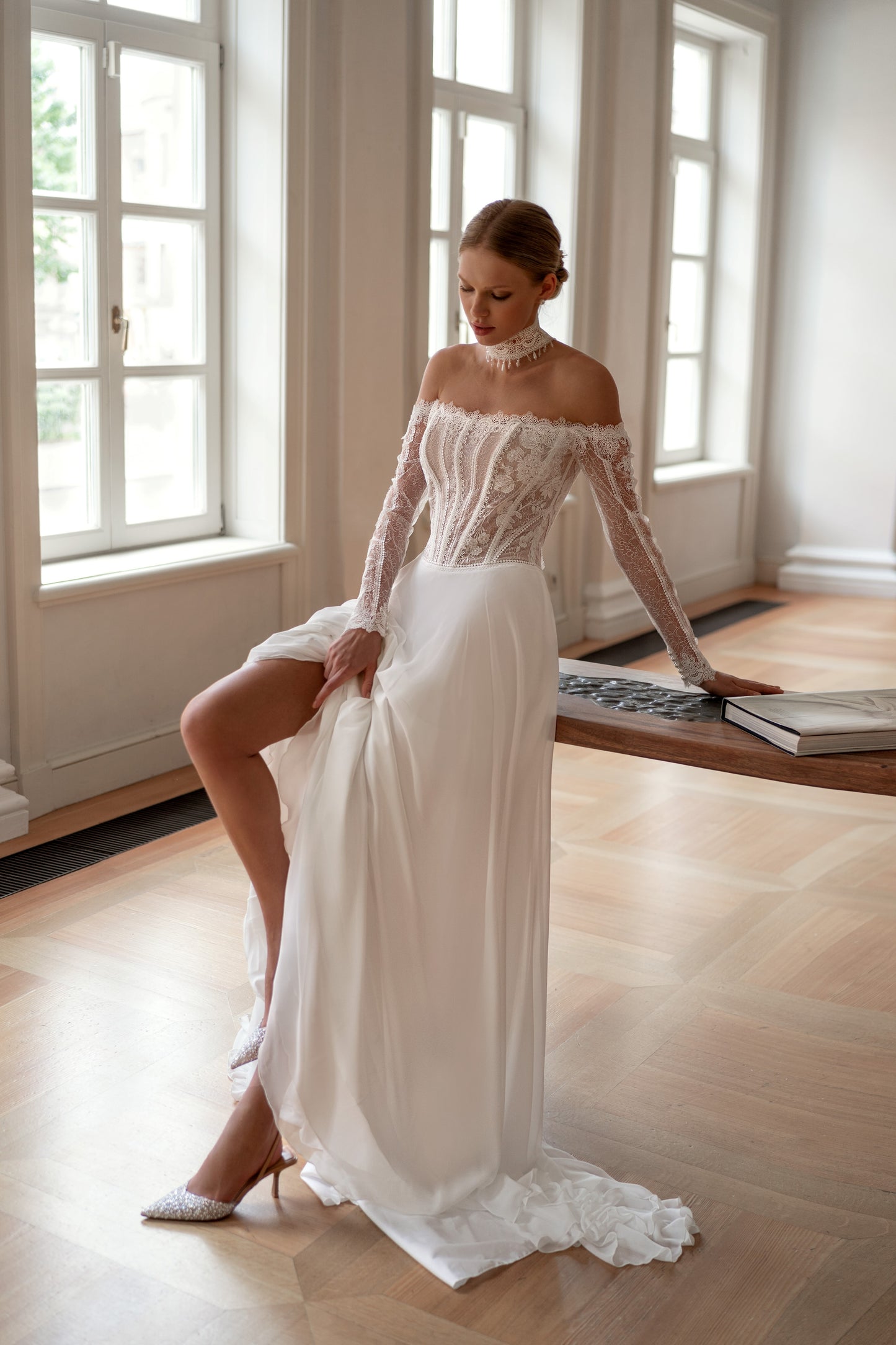 Off the shoulder chiffon A-line wedding dress