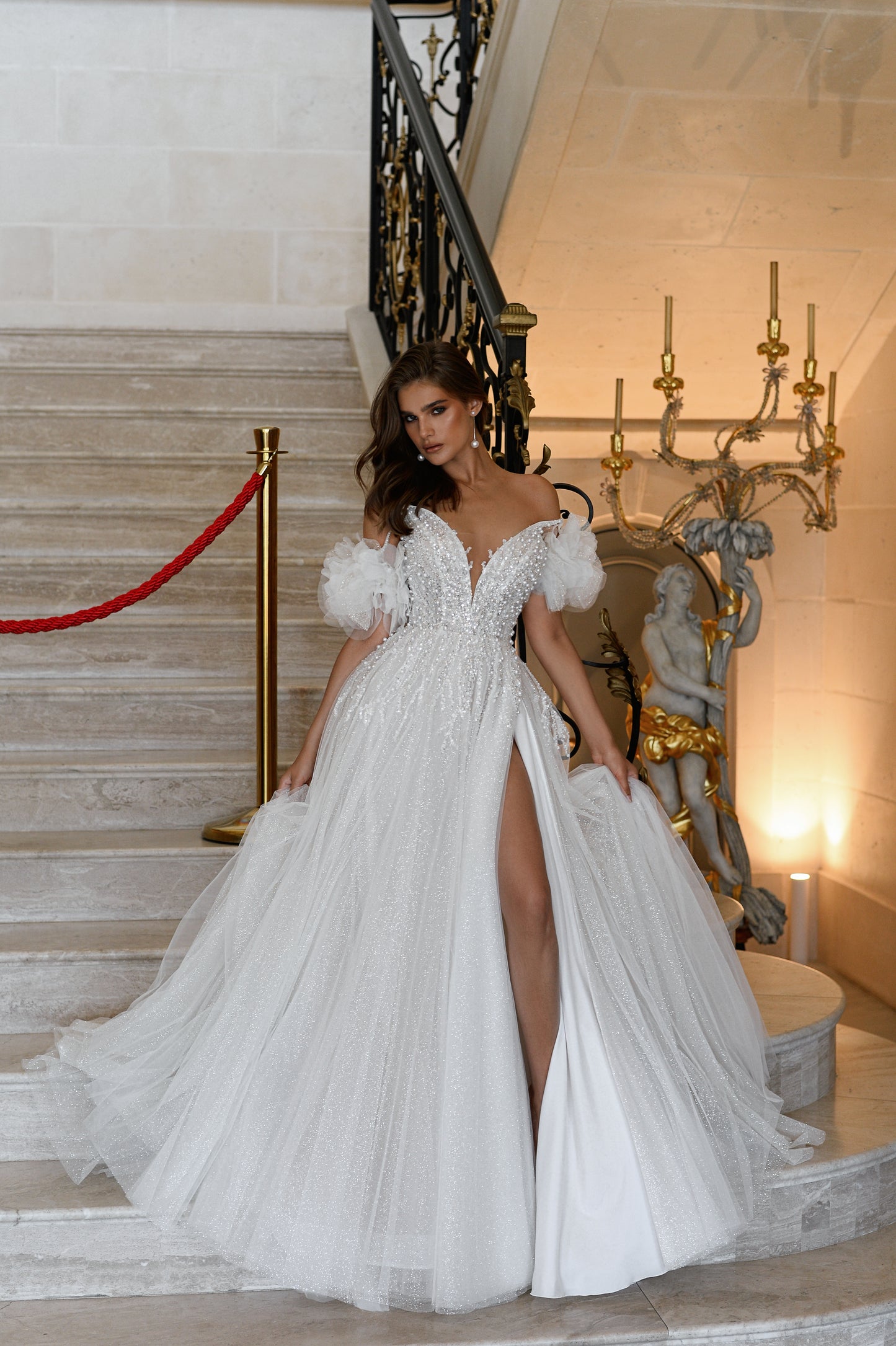 A-line wedding dress with deep V neck & glitter tulle skirt