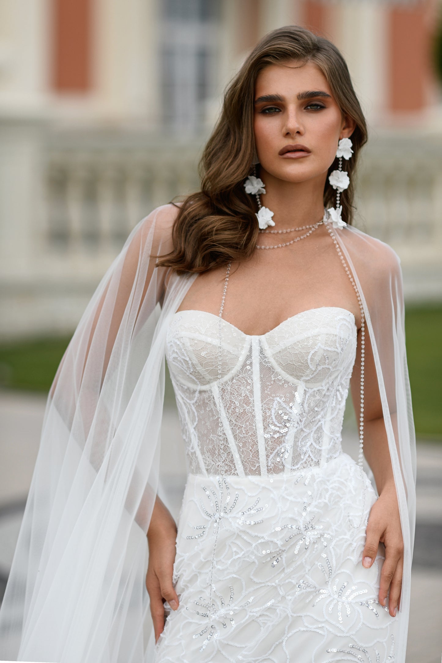 Sheath lace wedding dress with corset, sweetheart neckline.