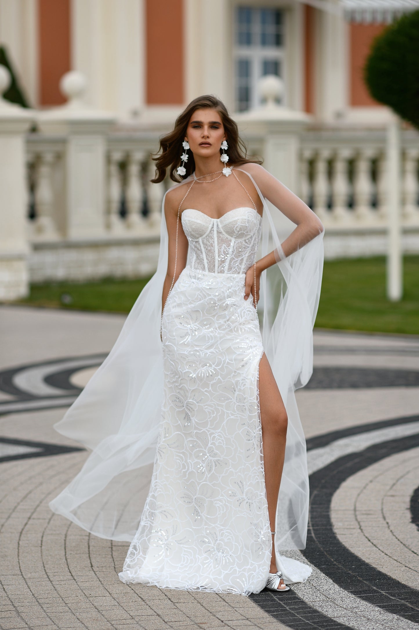 Sheath lace wedding dress with corset, sweetheart neckline.
