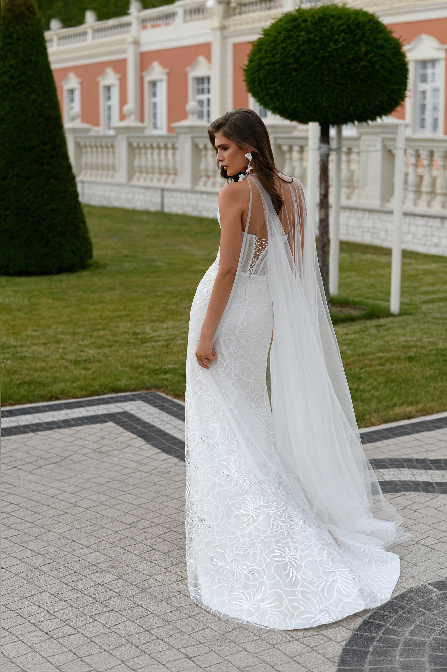 Sheath lace wedding dress with corset, sweetheart neckline.