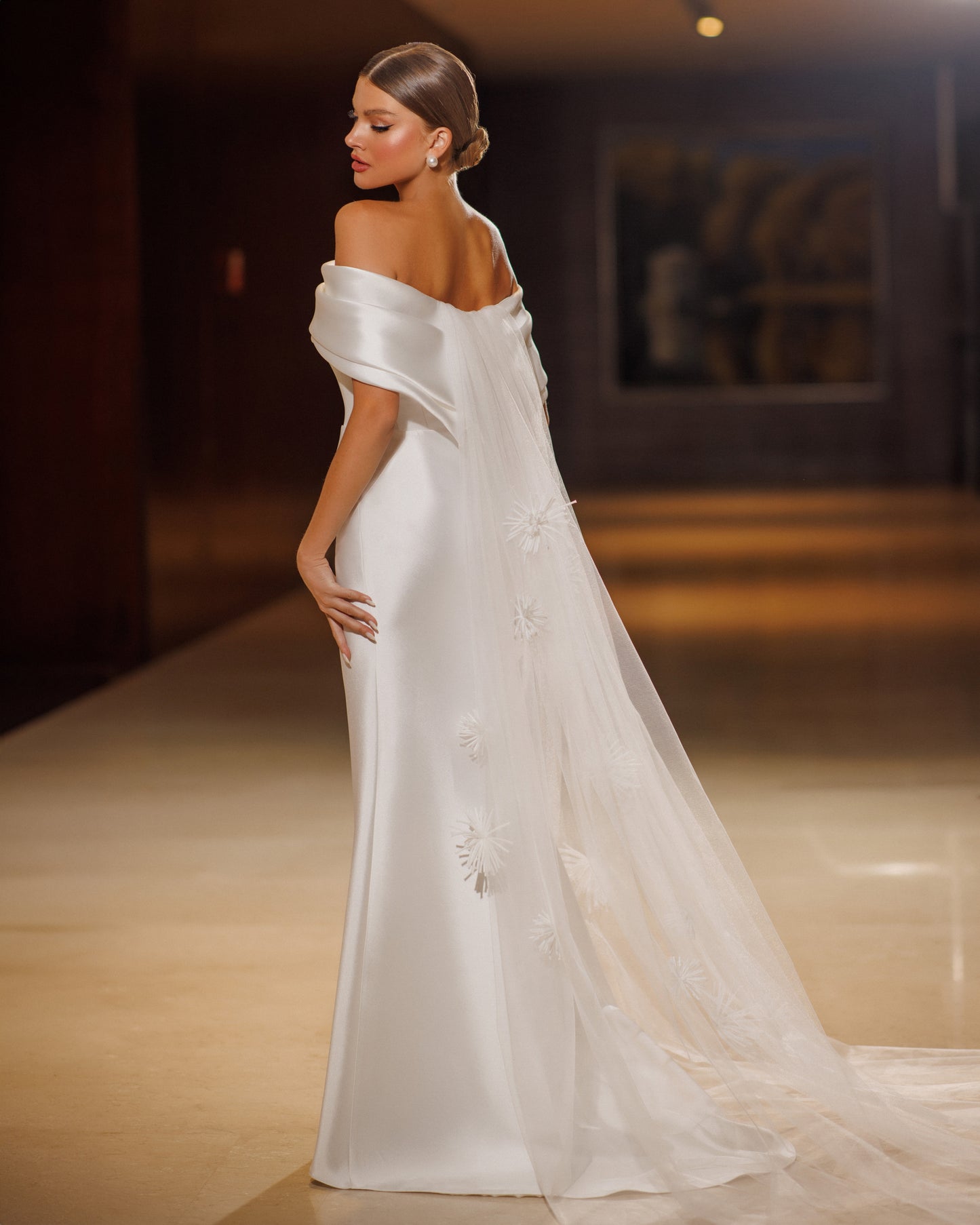 Mikado wedding dress with off-the-shoulder neckline