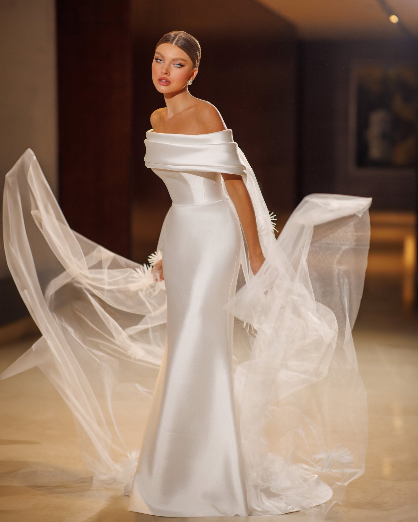 Mikado wedding dress with off-the-shoulder neckline